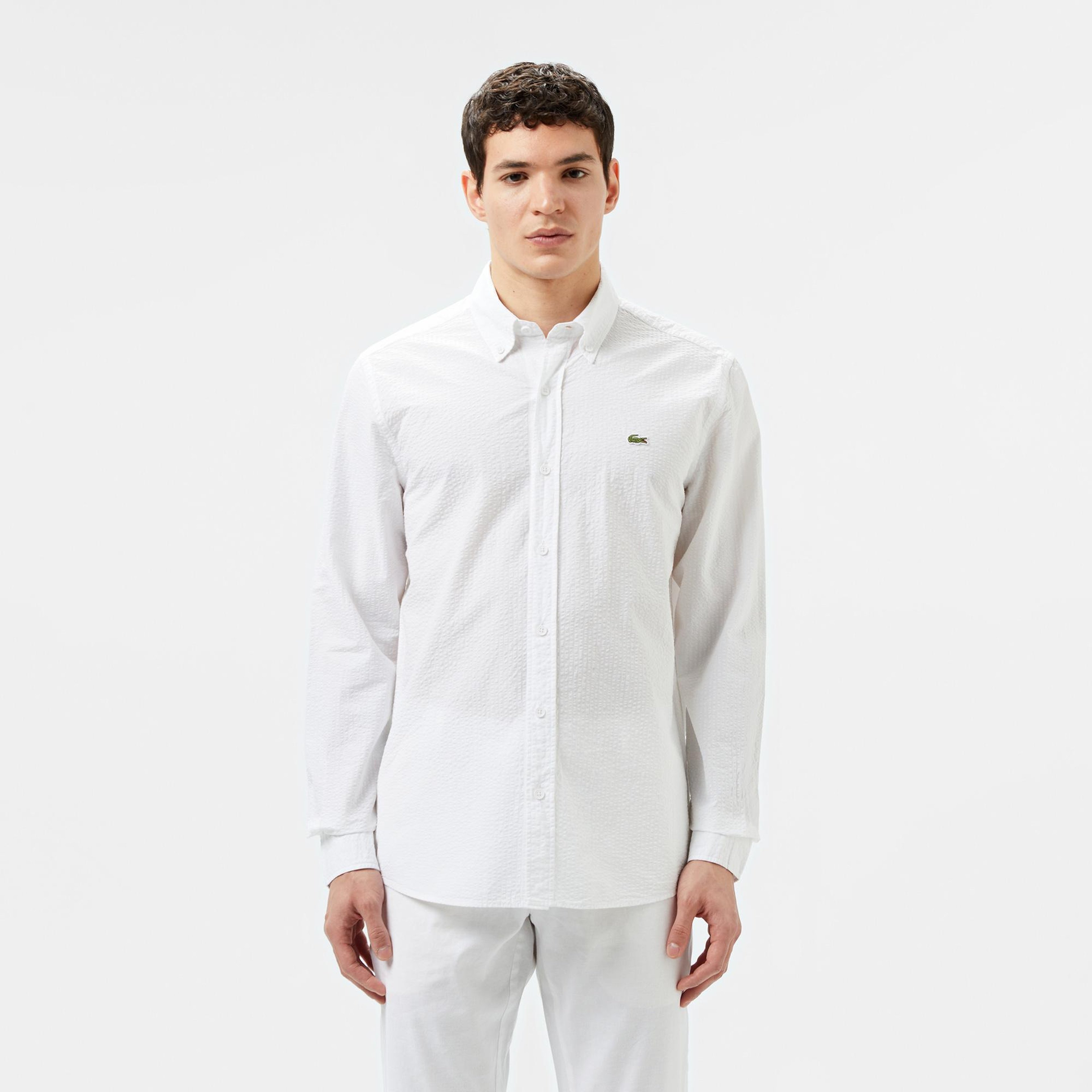 Erkek Slim Fit Düğmeli Yaka Beyaz Gömlek