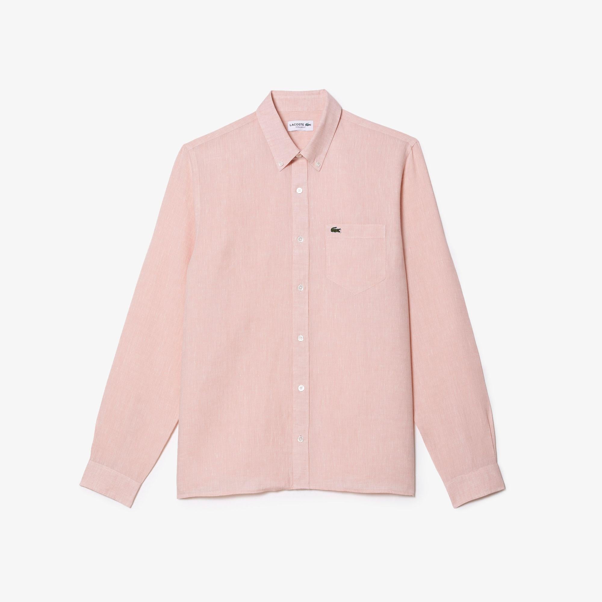 Lacoste Erkek Regular Fit Düğmeli Yaka Keten Açık Pembe Gömlek