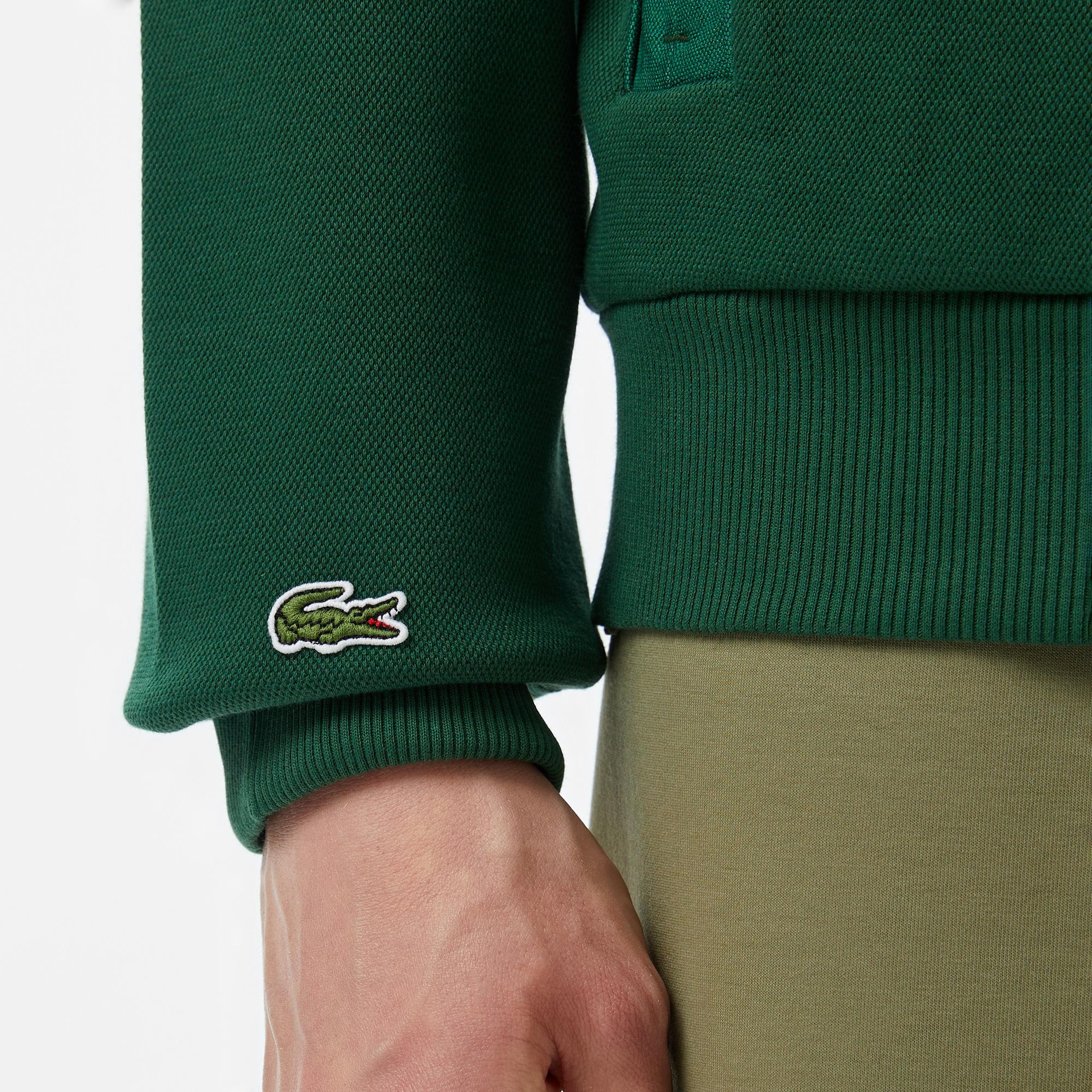 Erkek Classic Fit Yarım Fermuarlı Renk Bloklu Koyu Yeşil Sweatshirt