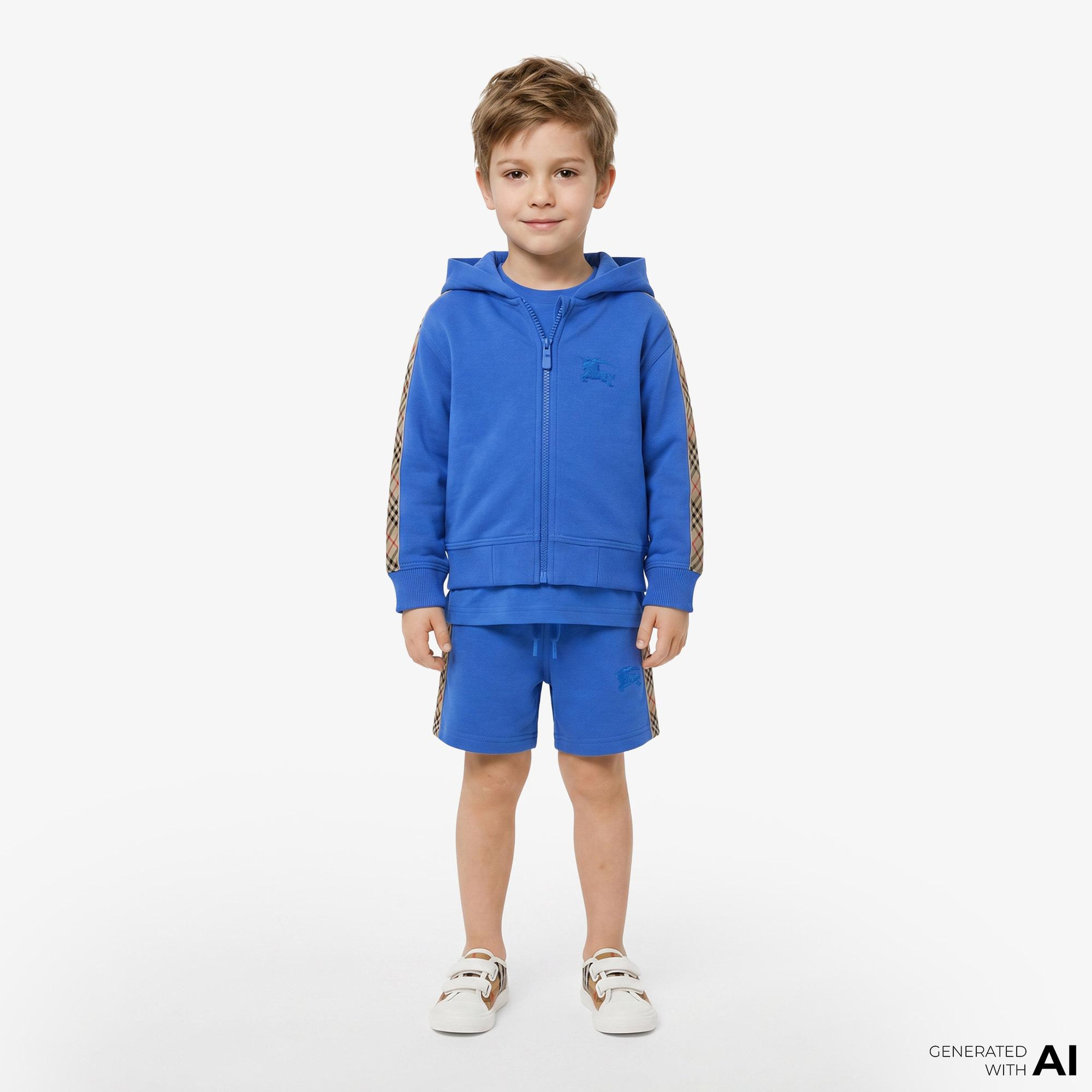 Burberry Check Trim Cotton Zip Çocuk Mavi Hoodie