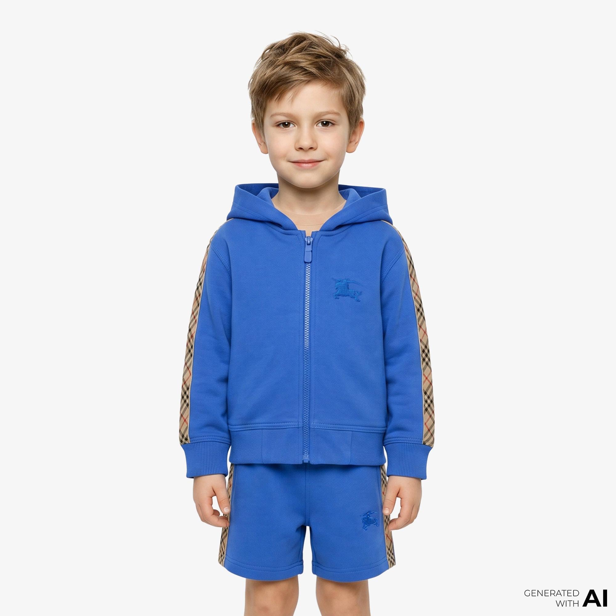 Burberry Check Trim Cotton Zip Çocuk Mavi Hoodie