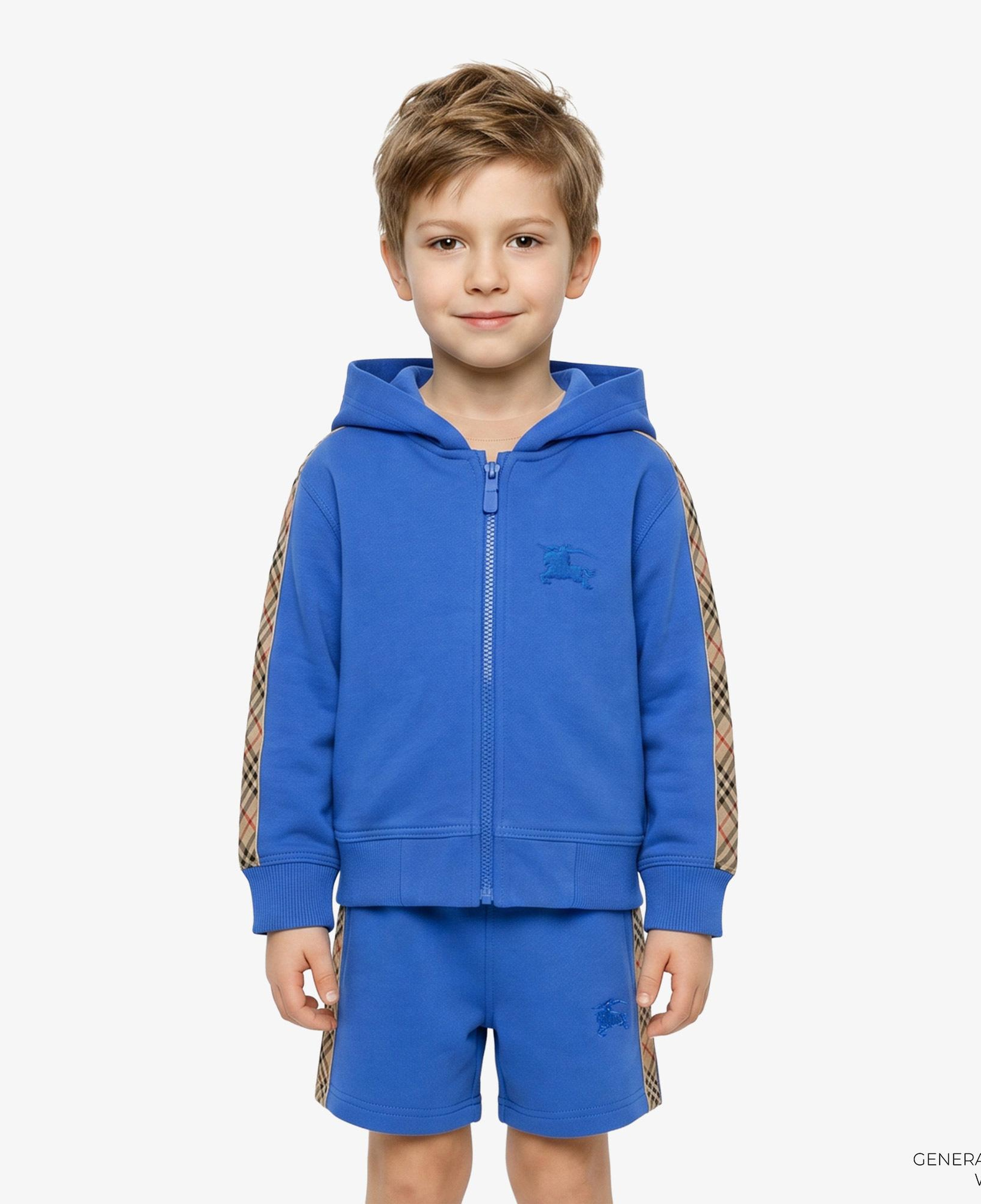 Burberry Check Trim Cotton Zip Çocuk Mavi Hoodie