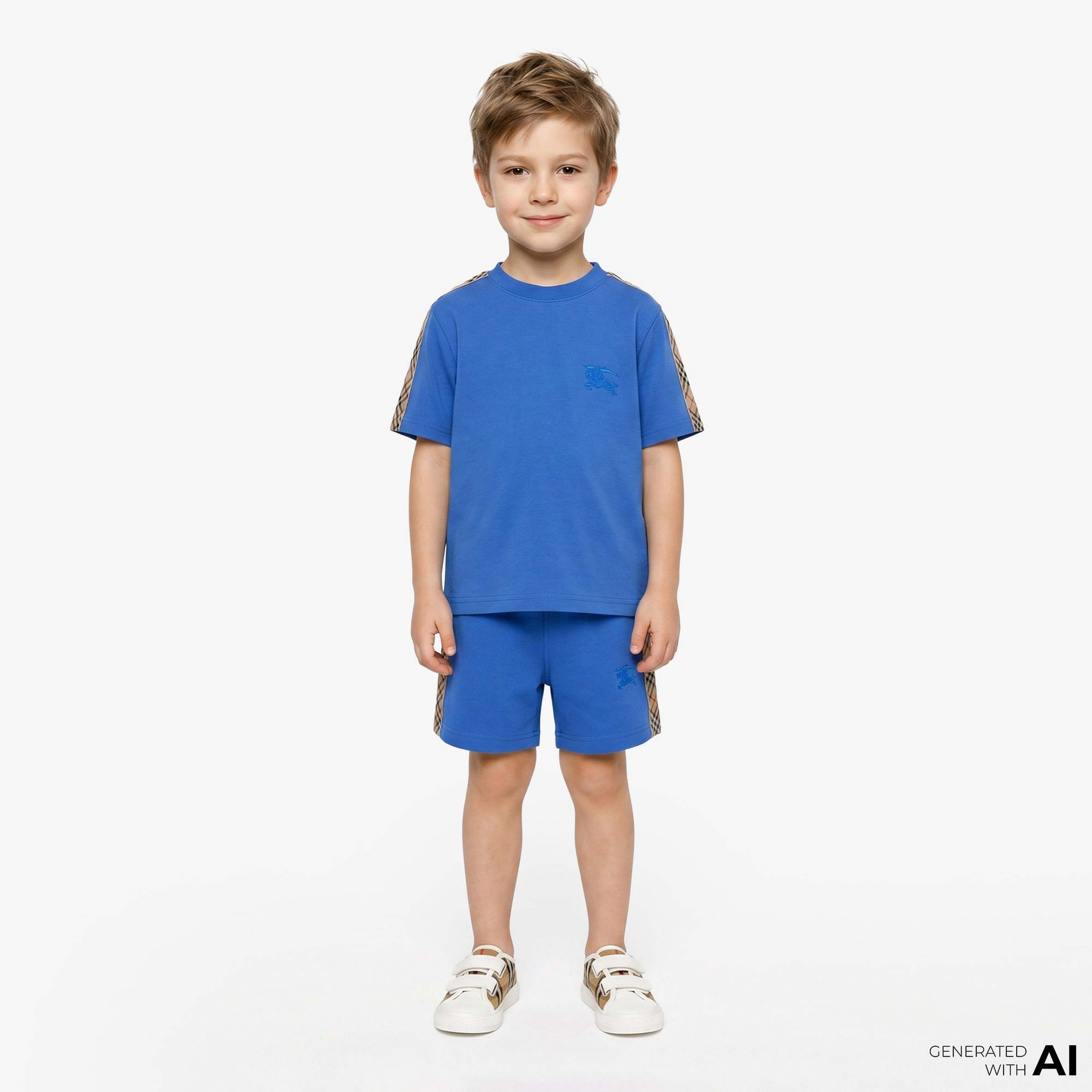Burberry Check Trim Cotton Çocuk Mavi T-Shirt