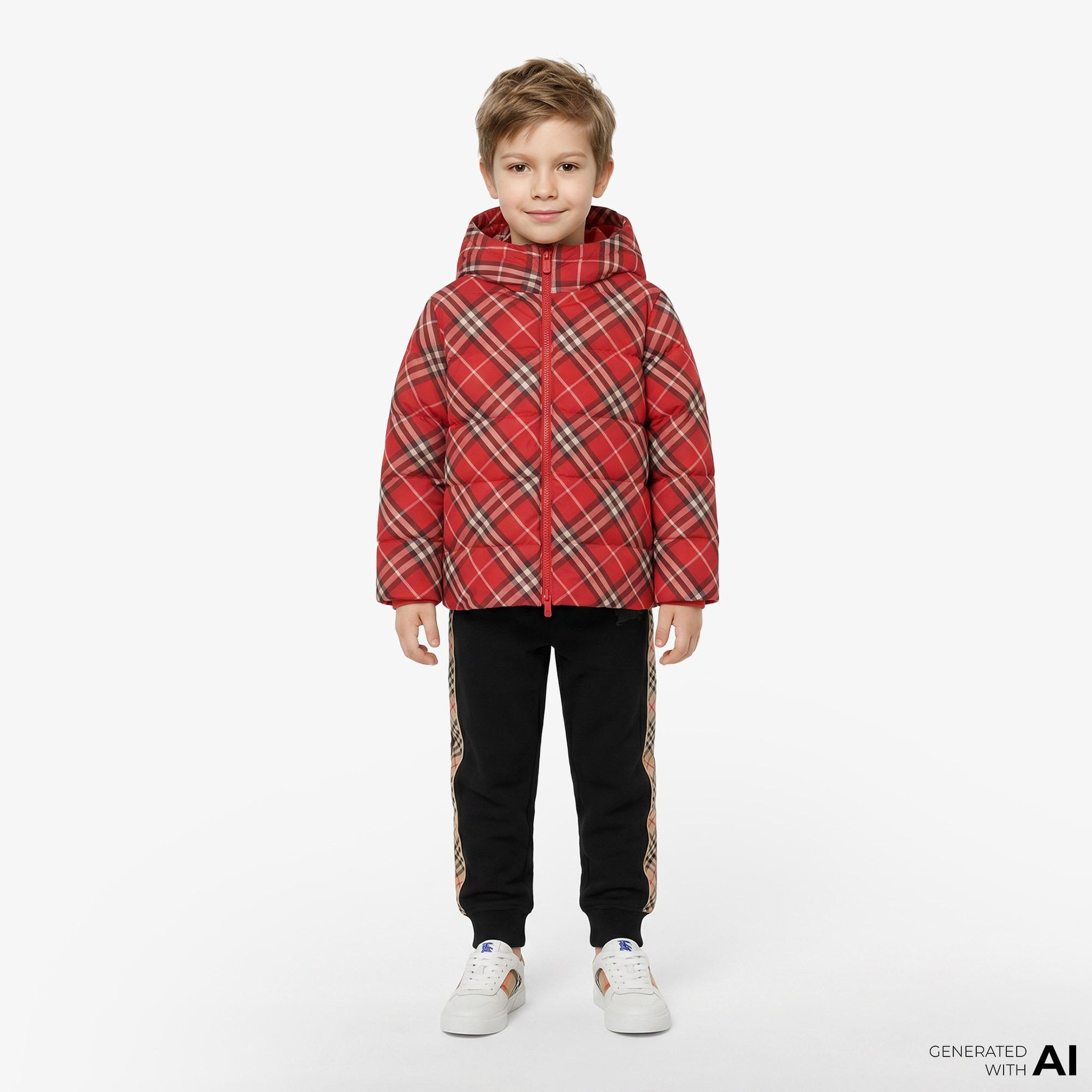 Burberry Check Hooded Puffer Çocuk Kırmızı Mont