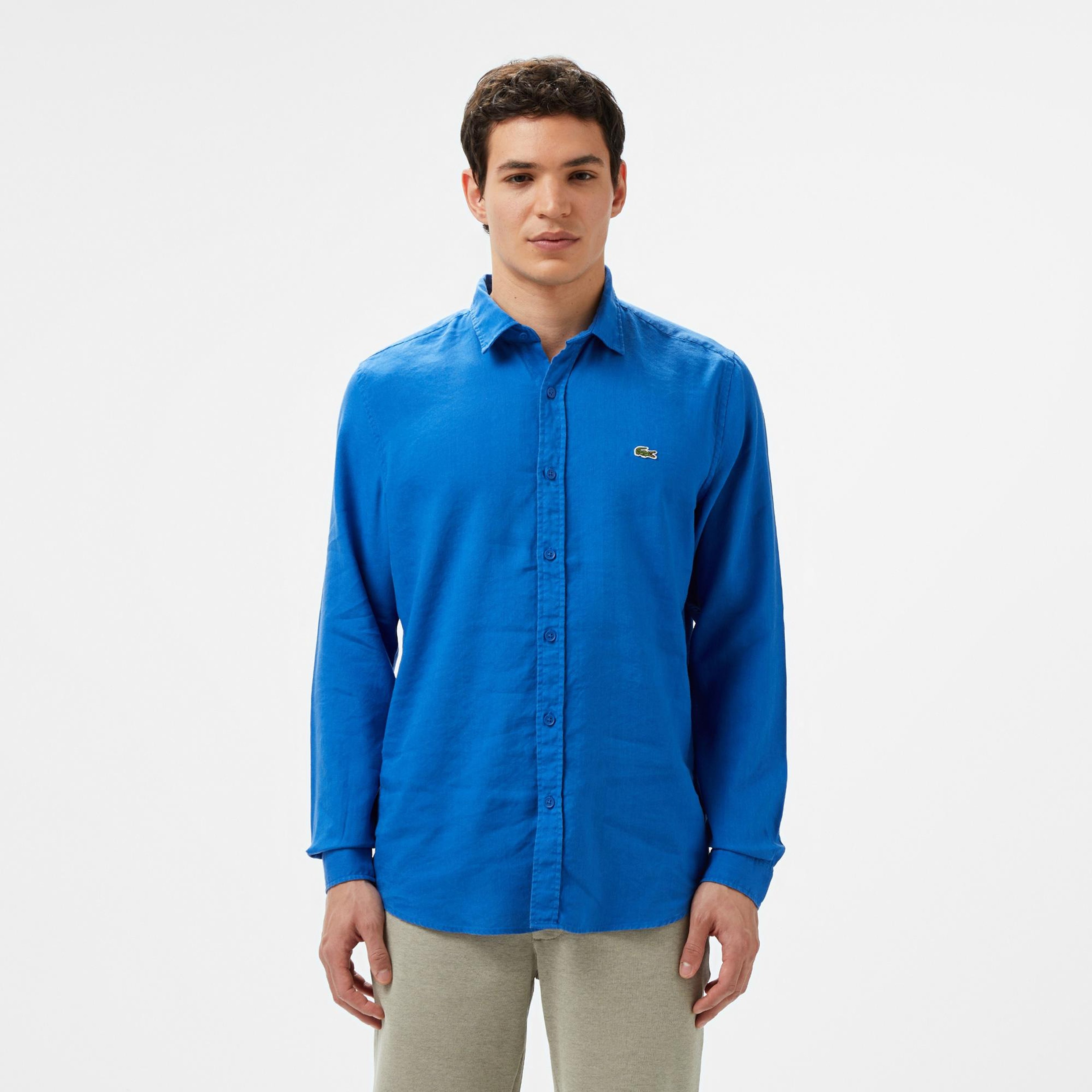 Erkek Slim Fit Keten Mavi Gömlek