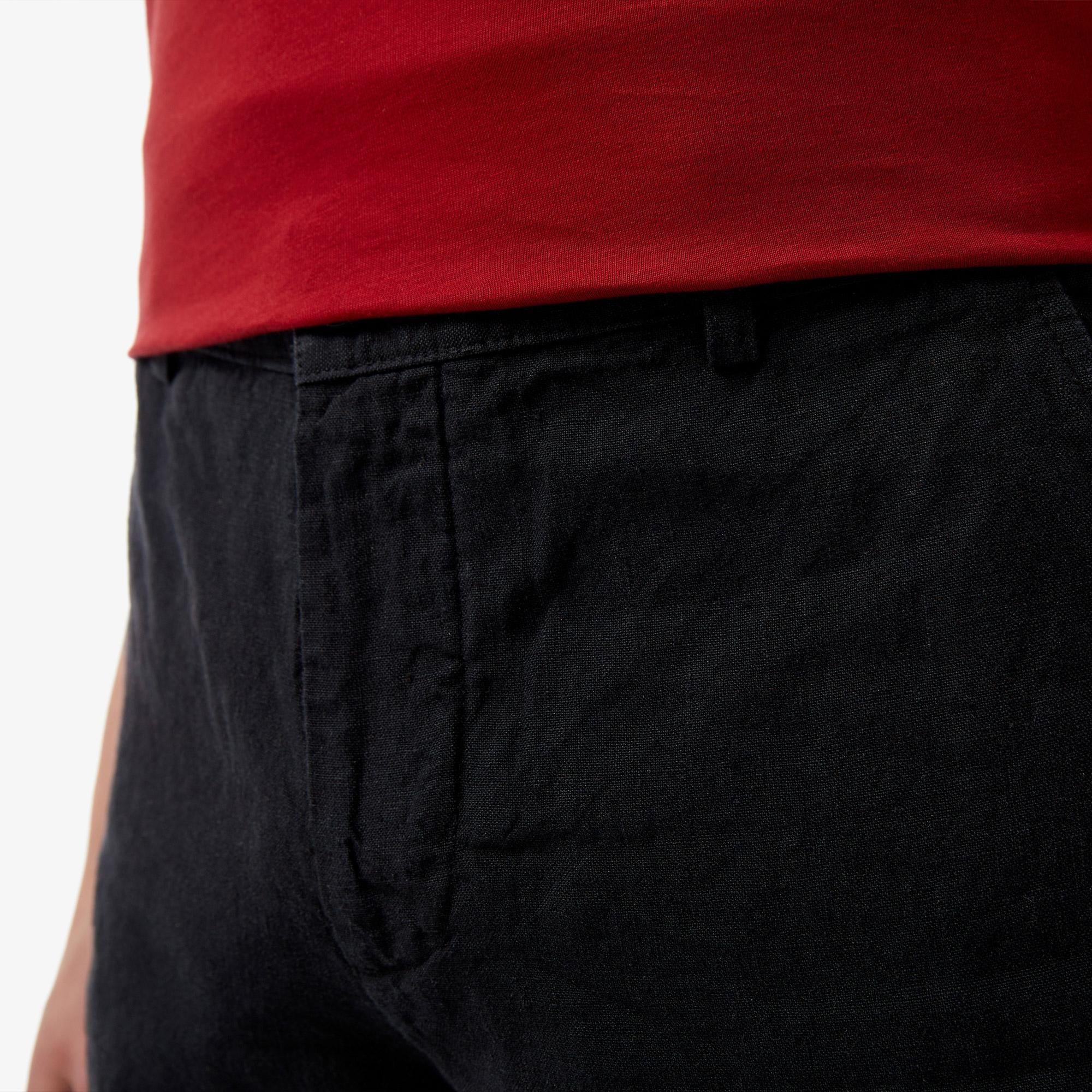 Erkek Slim Fit Keten Siyah Bermuda Şort