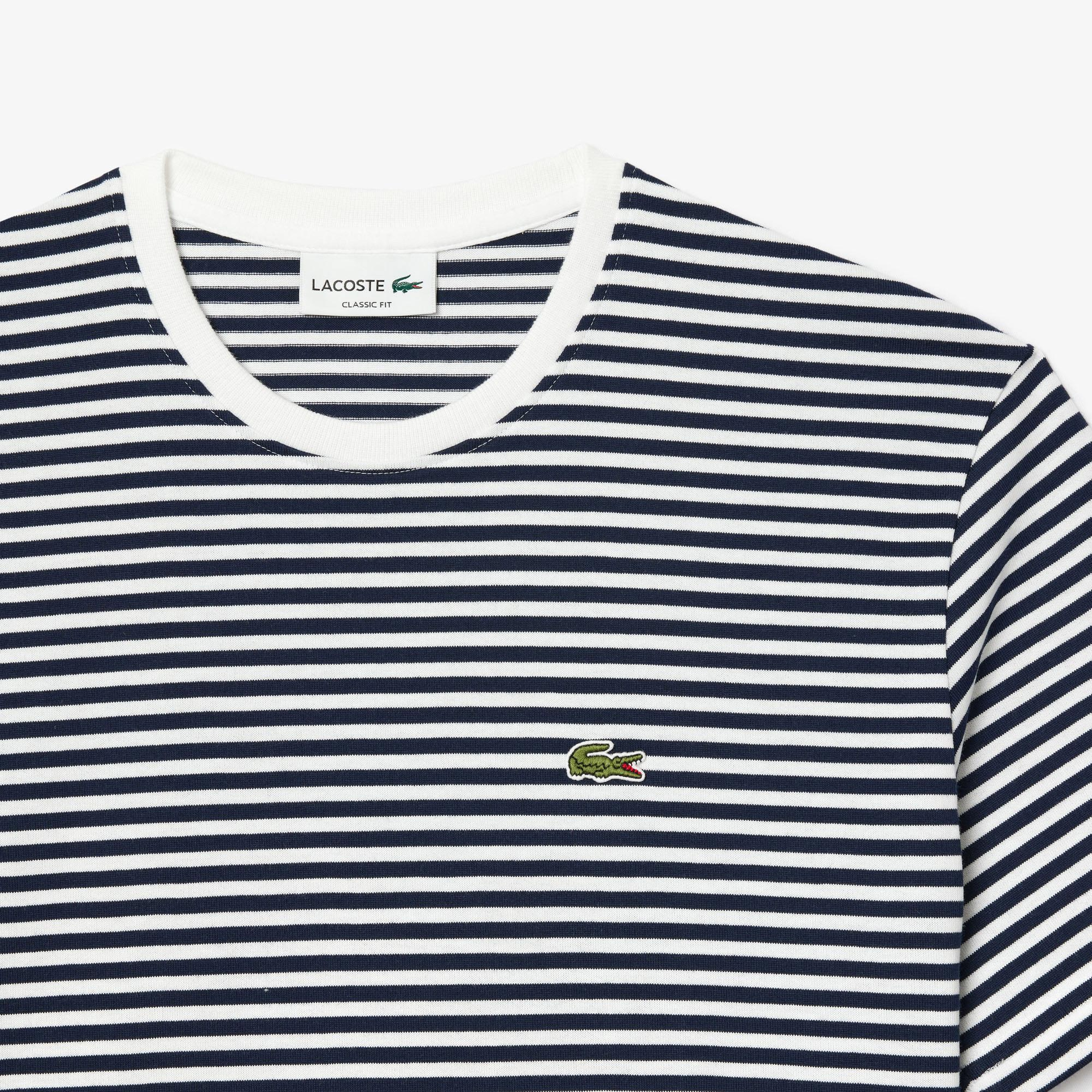 Erkek Classic Fit Bisiklet Yaka Çizgili Beyaz T-Shirt