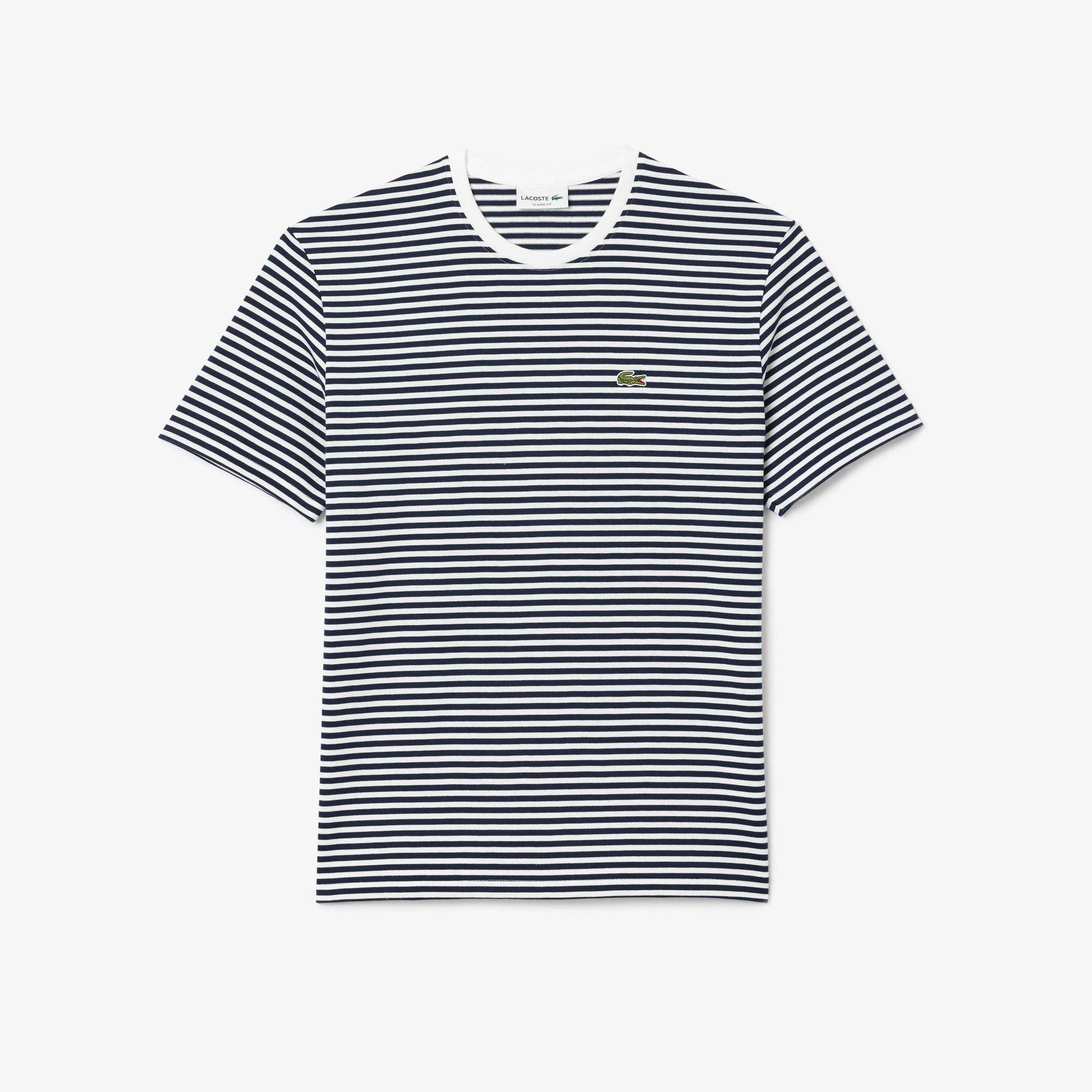 Erkek Classic Fit Bisiklet Yaka Çizgili Beyaz T-Shirt