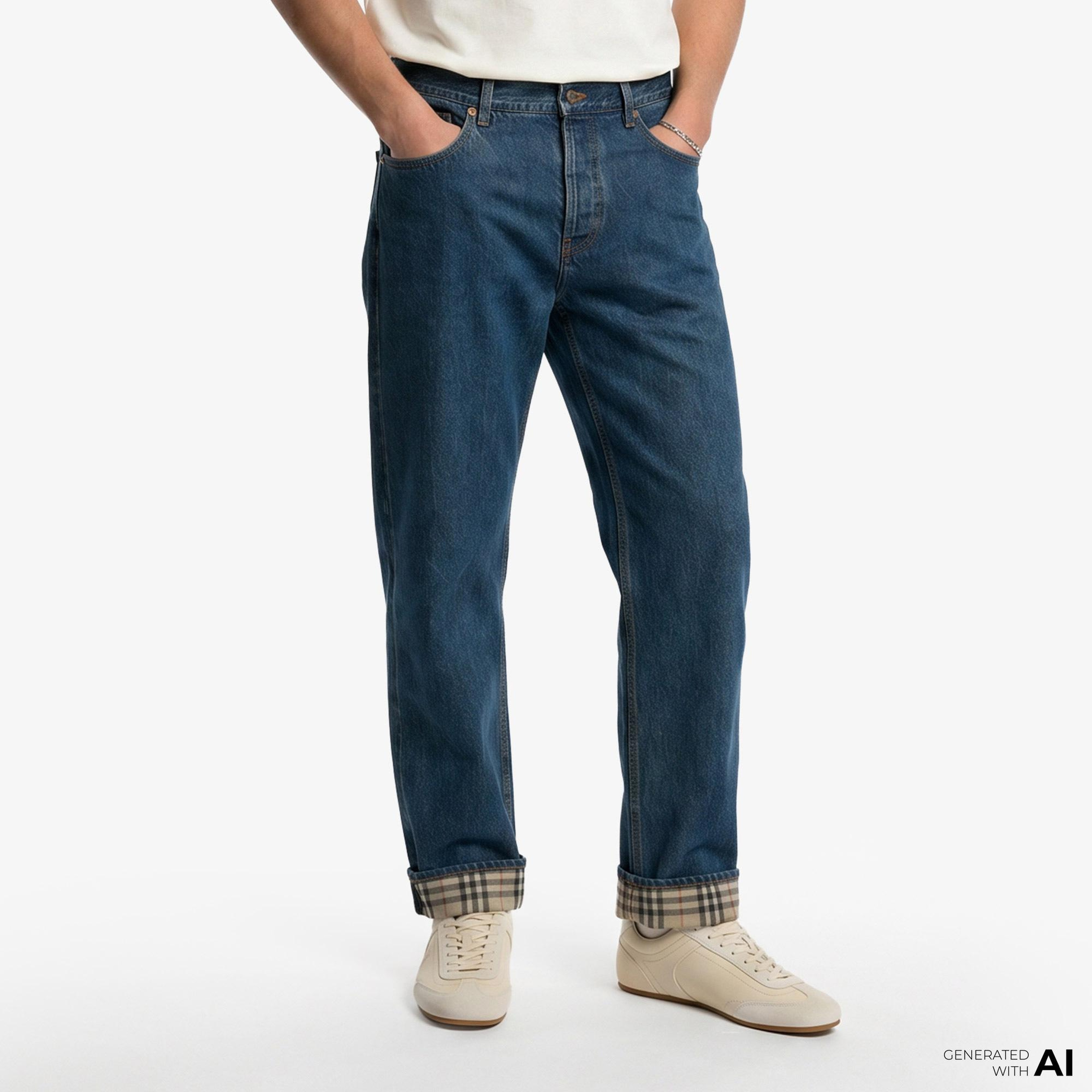 Burberry Straight Check Turn-Up Erkek Lacivert Jean