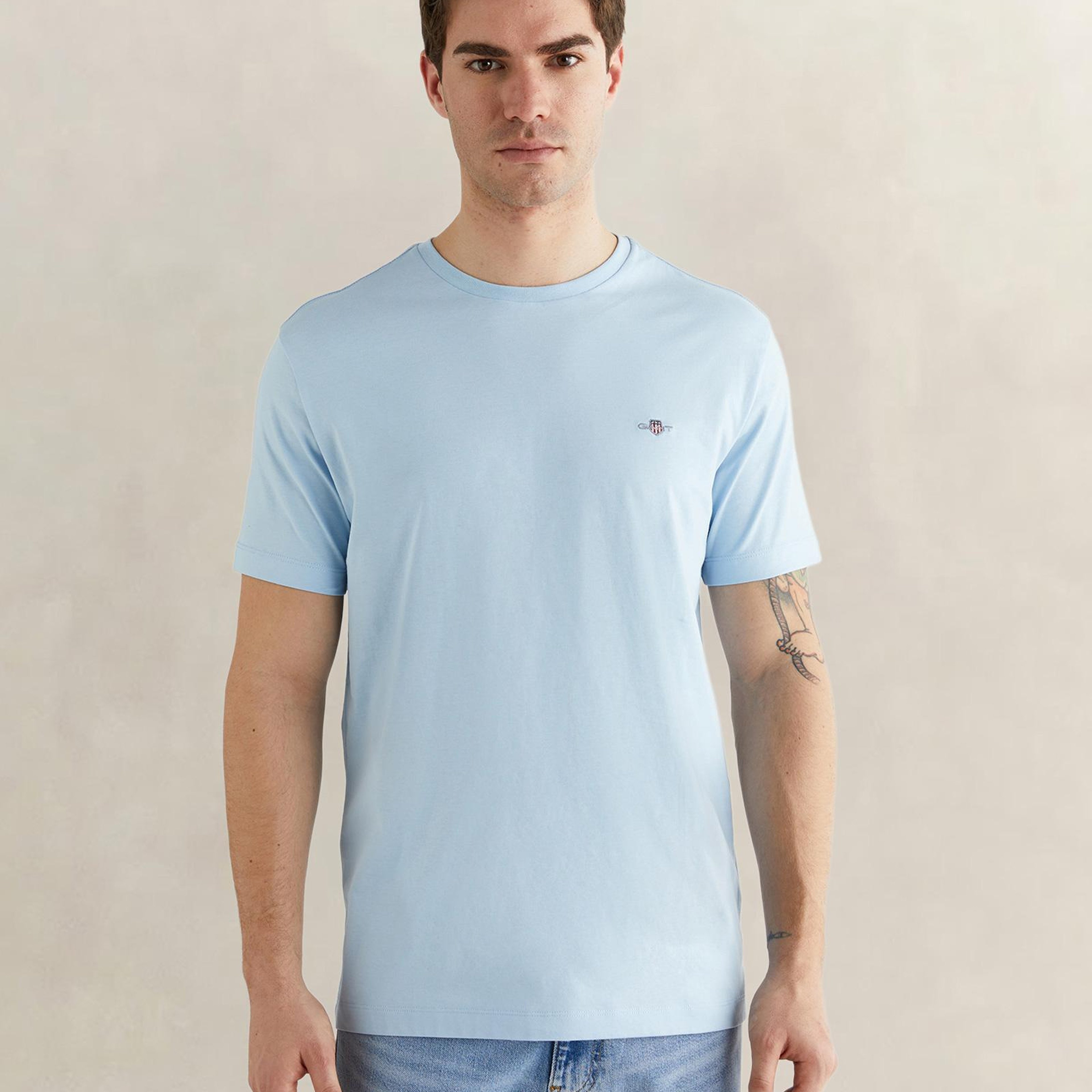 GANT Erkek Mavi Bisiklet Yaka Regular Fit Logolu T-Shirt