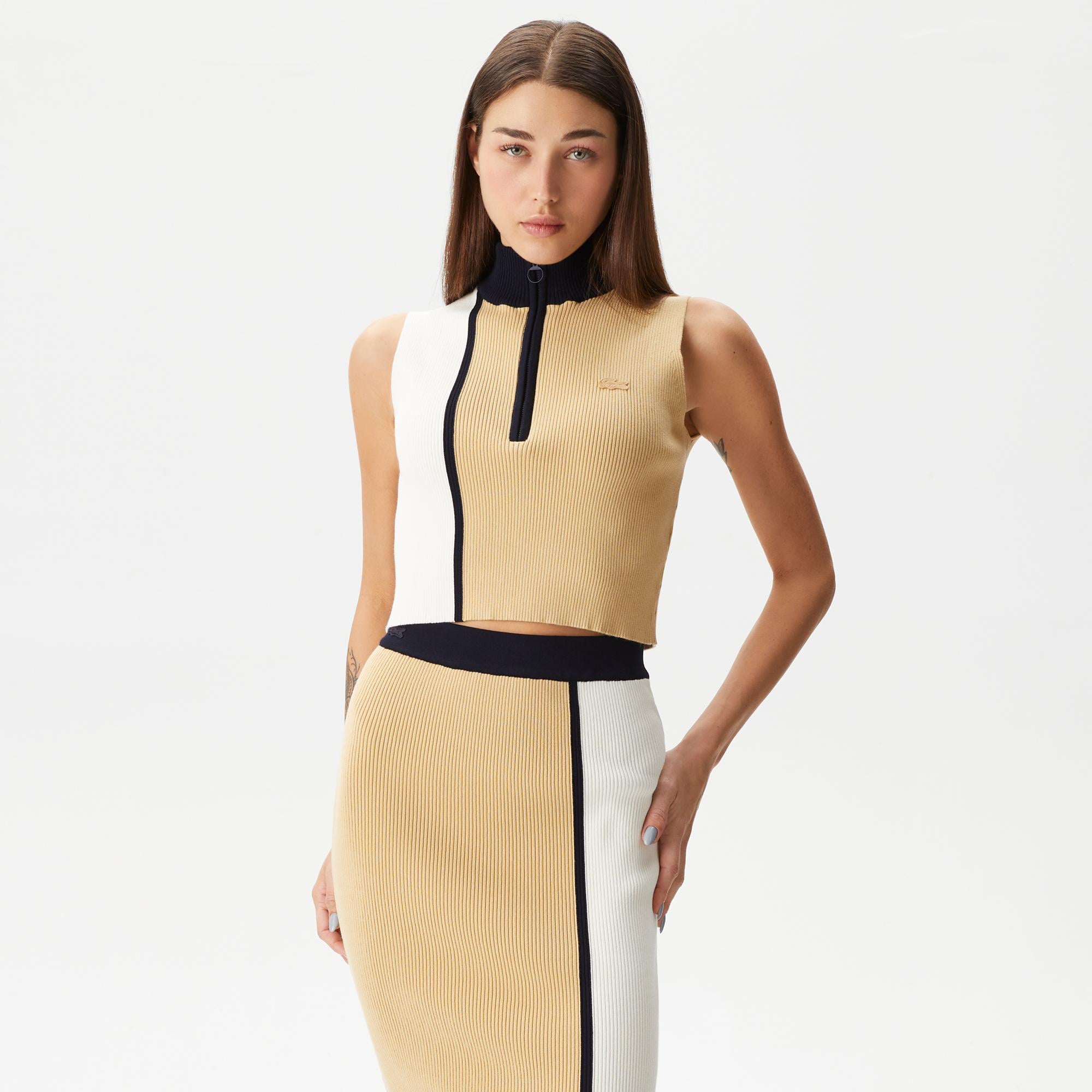 Kadın Slim Fit Fermuarlı Renk Bloklu Bej Triko