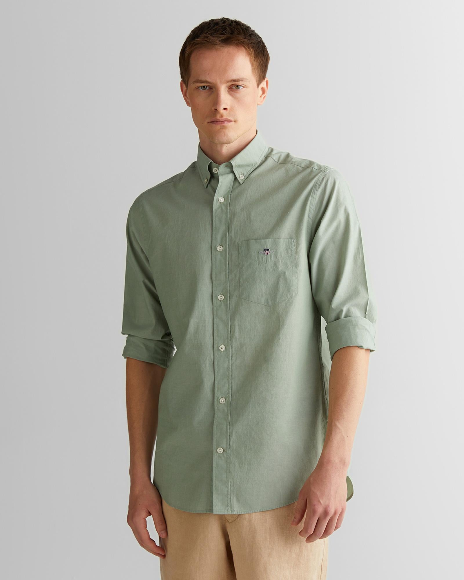 GANT Erkek Yeşil Regular Fit Düğmeli Yaka Poplin Gömlek