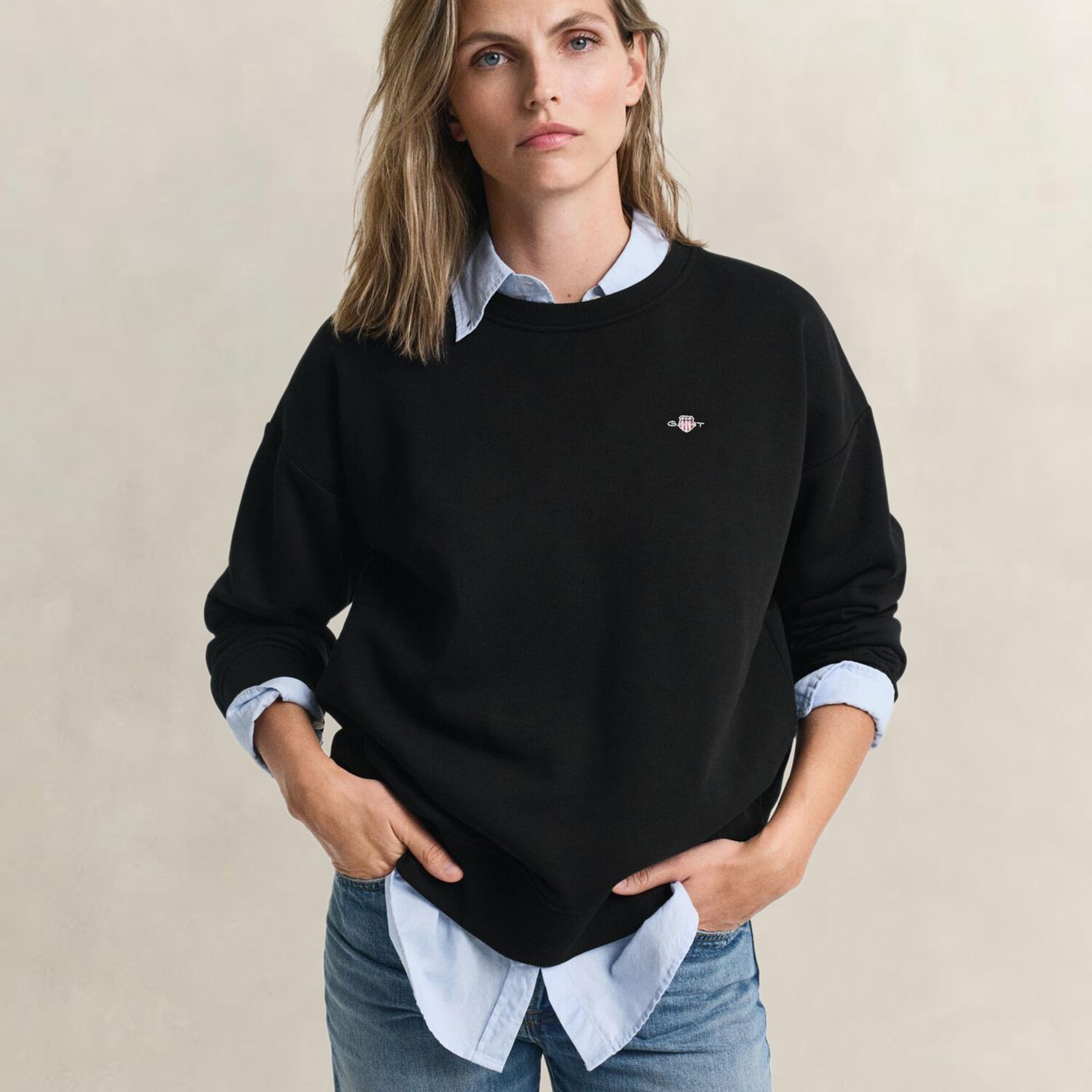 GANT Kadın Siyah Relaxed Fit Bisiklet Yaka Sweatshirt