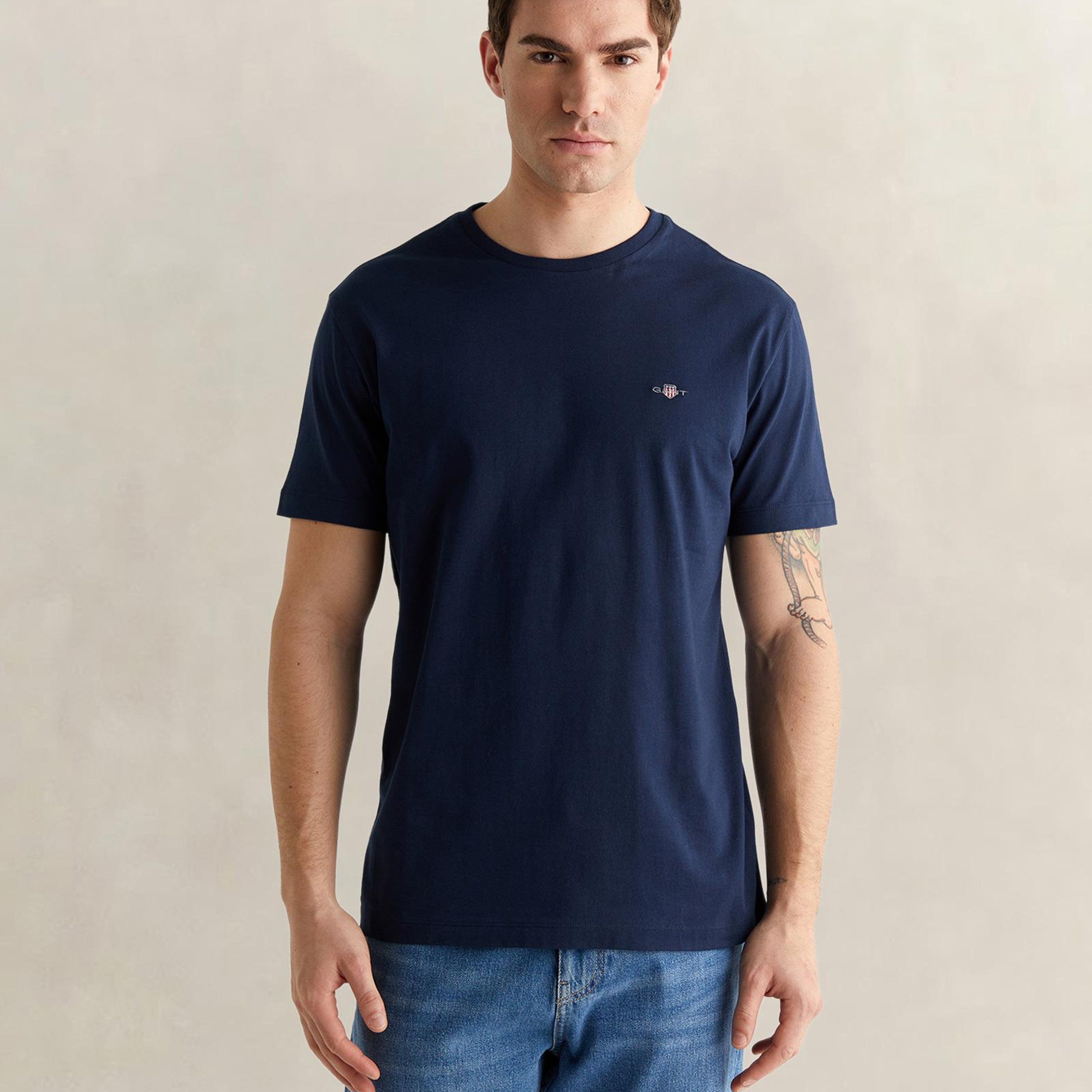GANT Erkek Lacivert Bisiklet Yaka Regular Fit Logolu T-Shirt