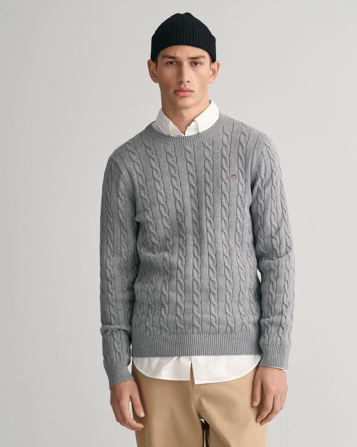 GANT Erkek Gri Regular Fit Bisiklet Yaka Örgü Kazak