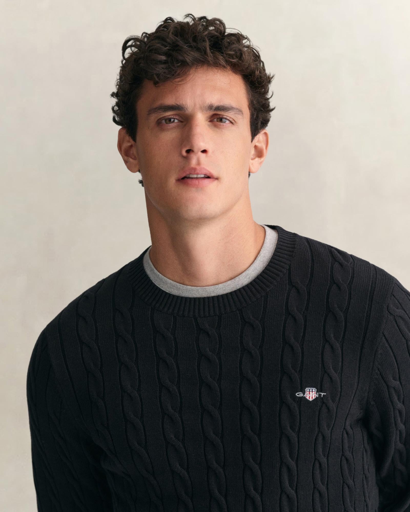 GANT Erkek Siyah Regular Fit Bisiklet Yaka Örgü Kazak