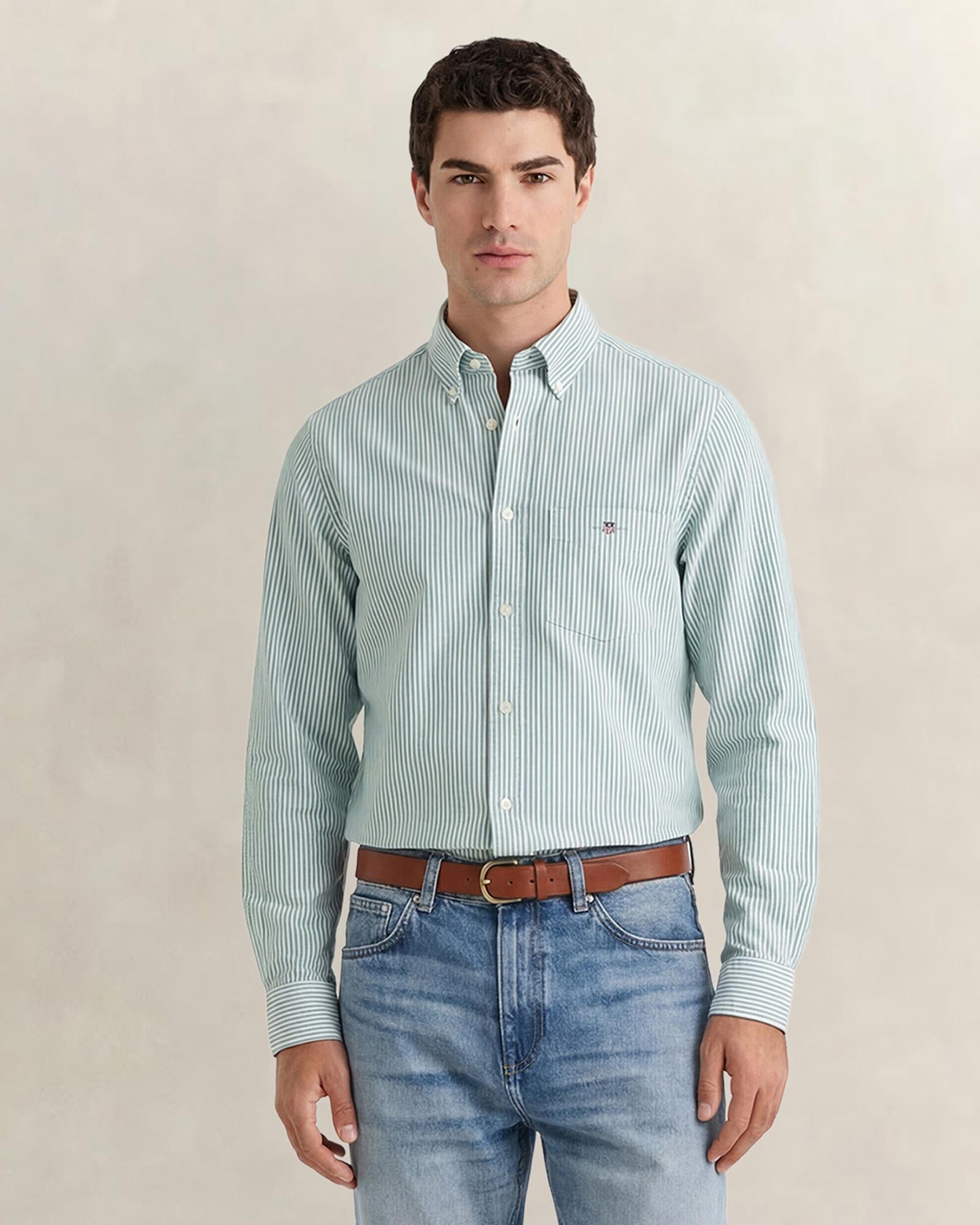 GANT Erkek Yeşil Regular Fit Çizgili Logolu Gömlek