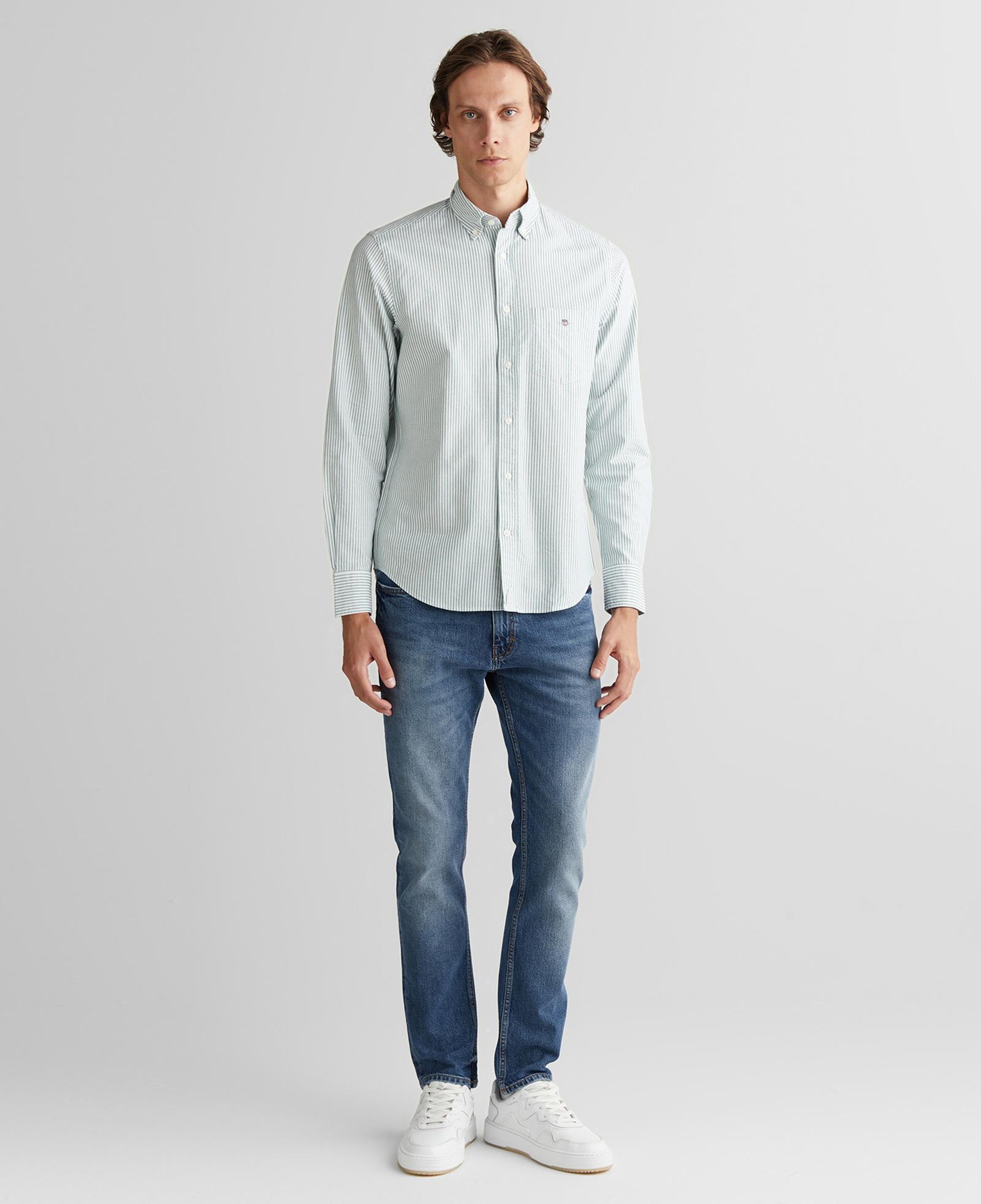 GANT Erkek Yeşil Regular Fit Düğmeli Yaka Çizgili Oxford Gömlek
