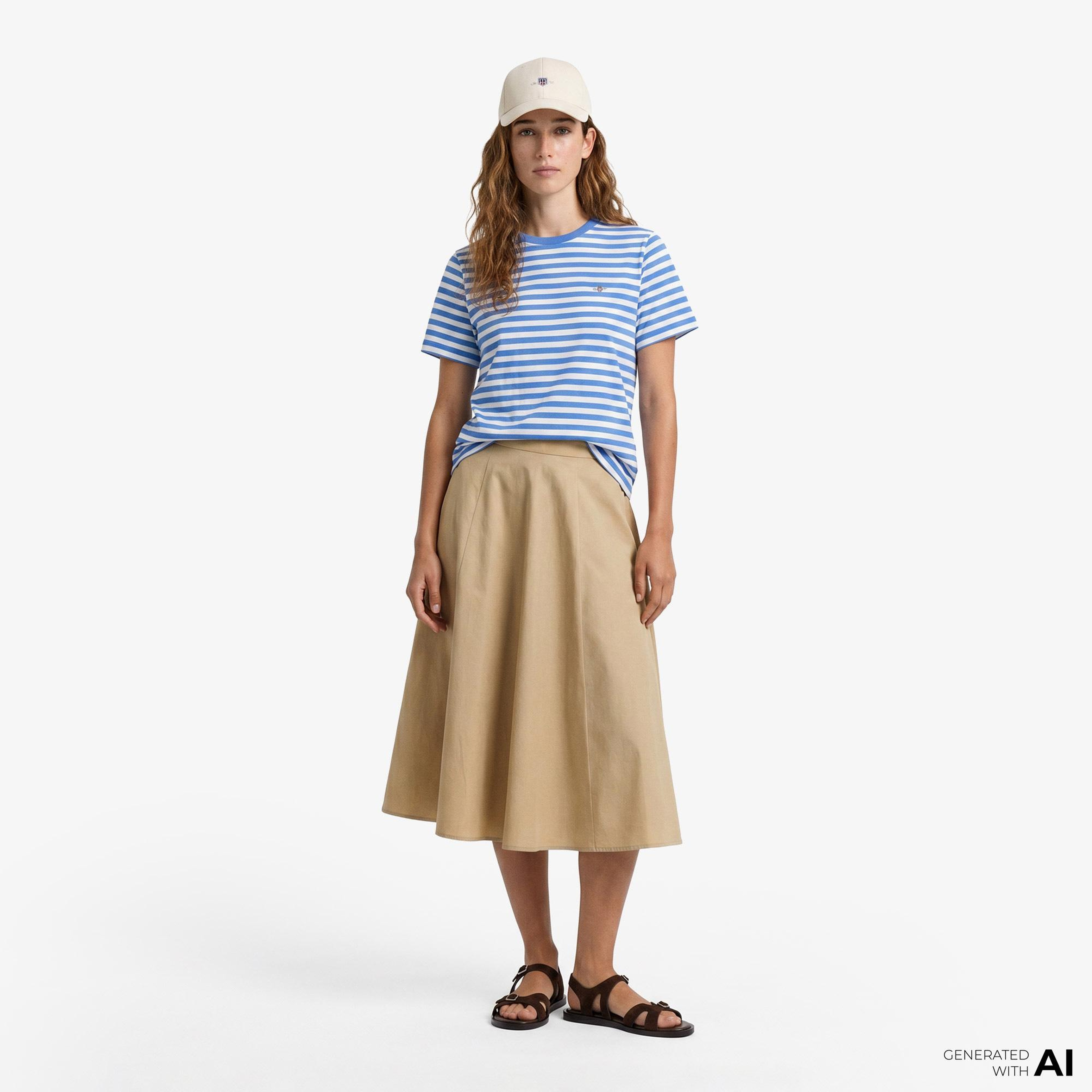 Gant Kadın Mavi Regular Fit Bisiklet Yaka Çizgili T-Shirt