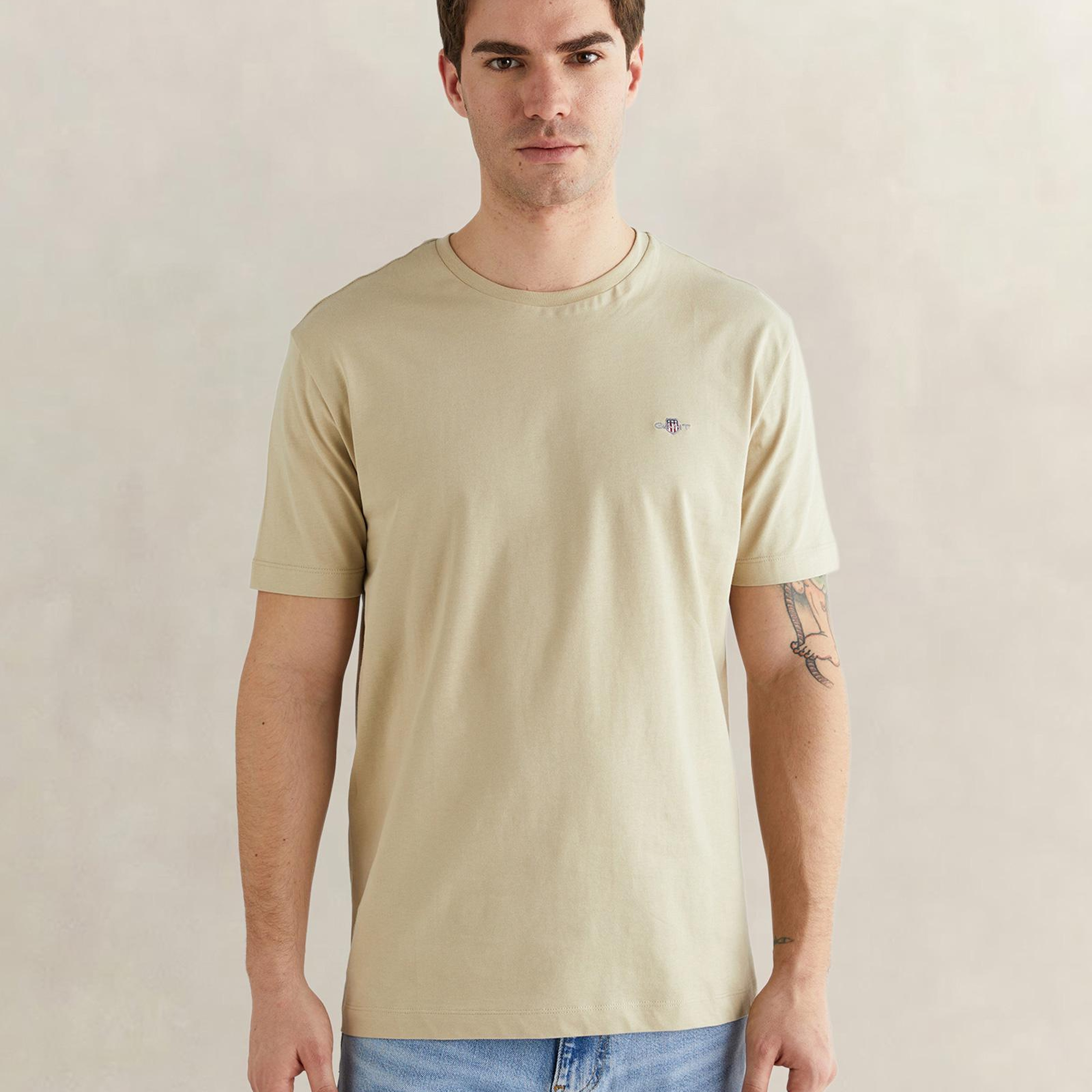 GANT Erkek Bej Bisiklet Yaka Regular Fit Logolu T-Shirt