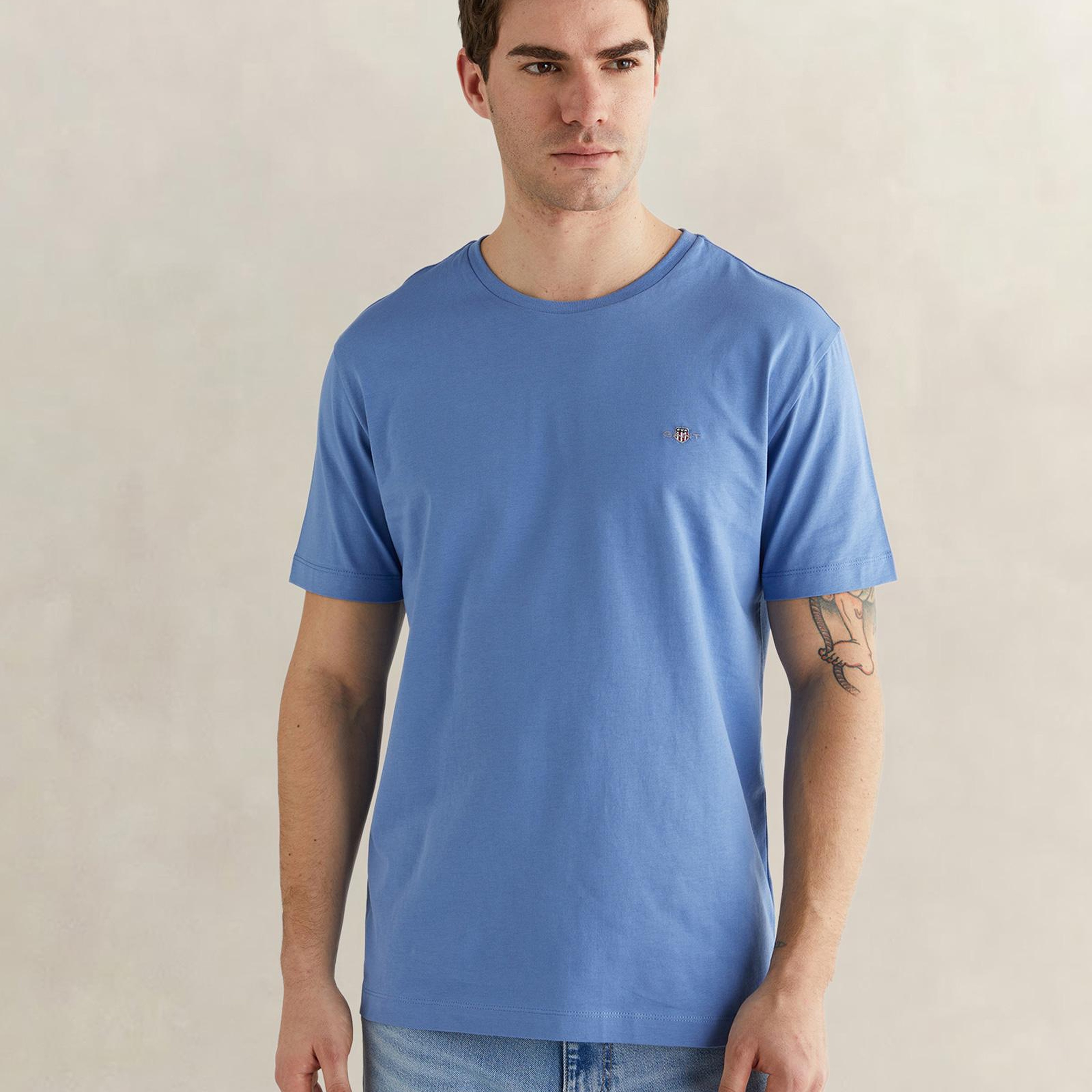 GANT Erkek Mavi Bisiklet Yaka Regular Fit Logolu T-Shirt