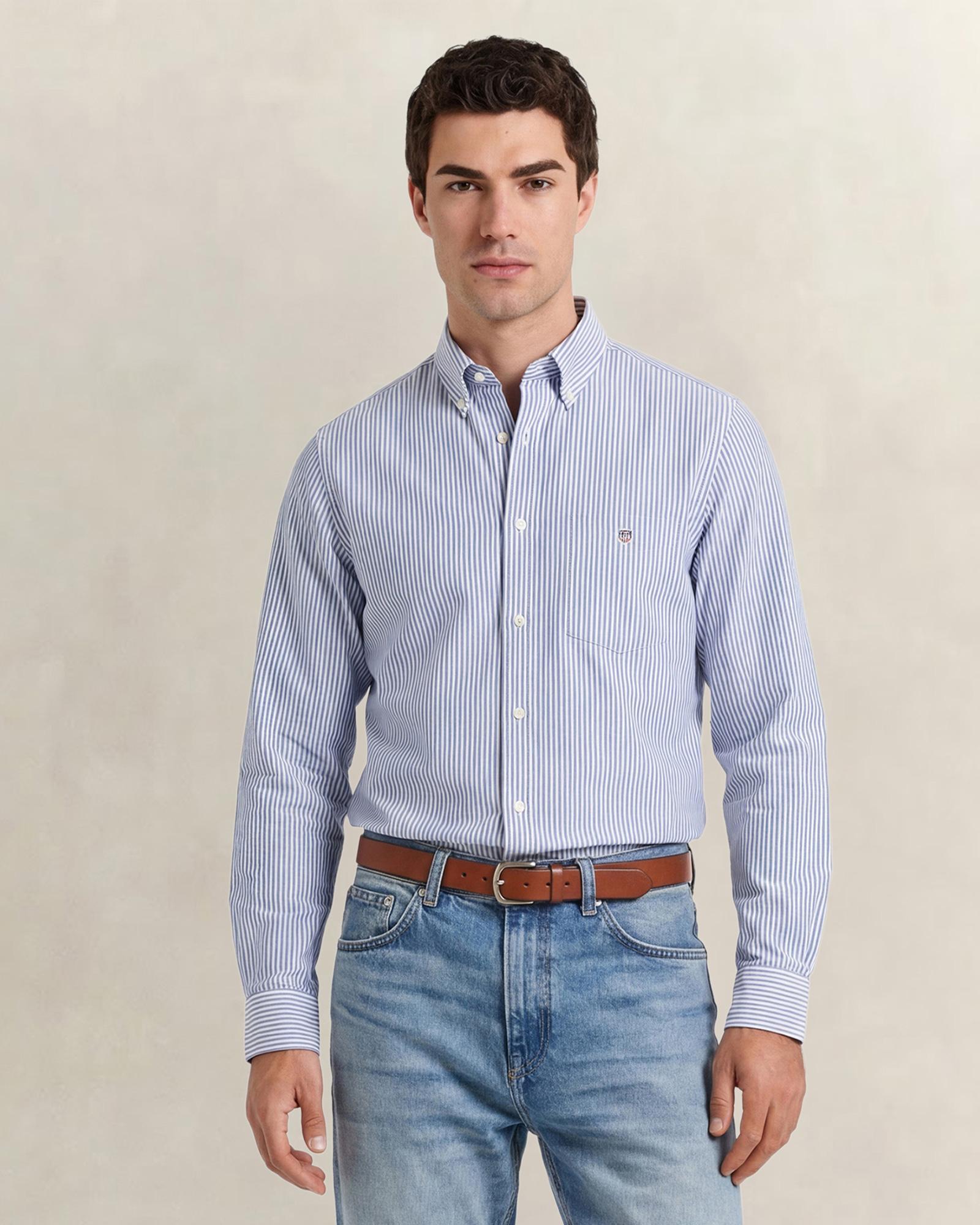GANT Erkek Mavi Regular Fit Çizgili Logolu Gömlek