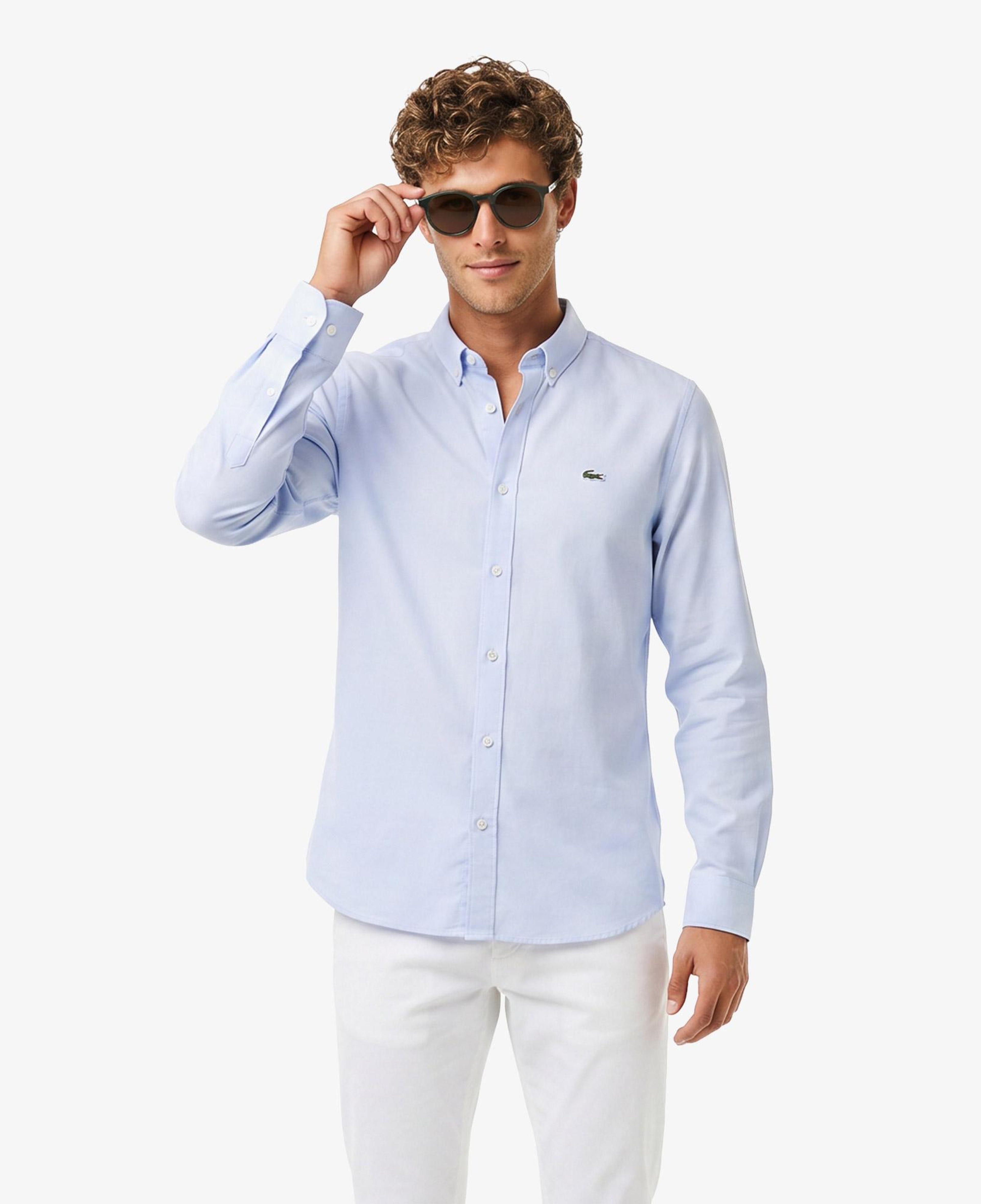Erkek Slim Fit Düğmeli Yaka Mavi Gömlek