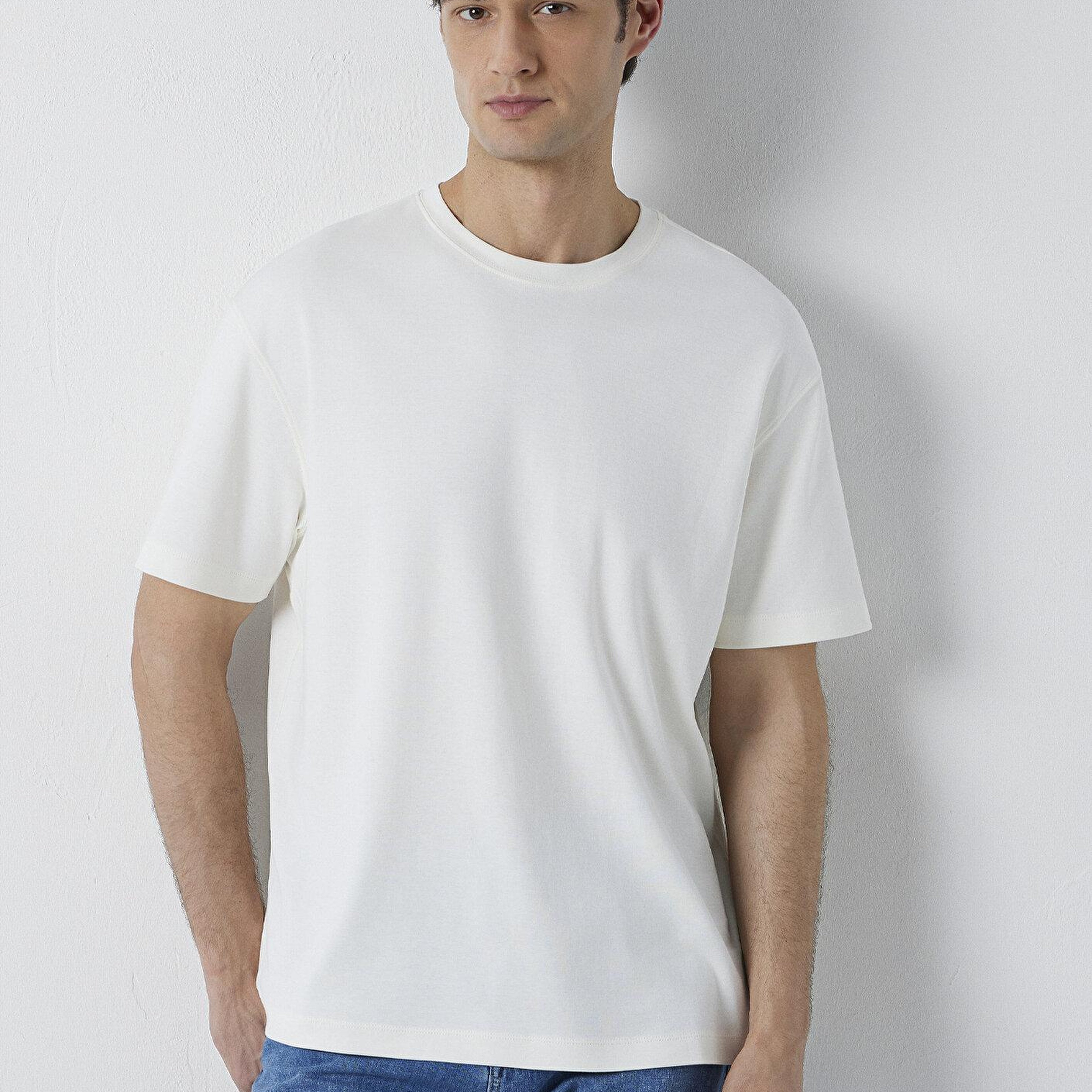 Mavi Ekru Basic Tişört Loose Fit / Bol Rahat Kesim 0613168-70057