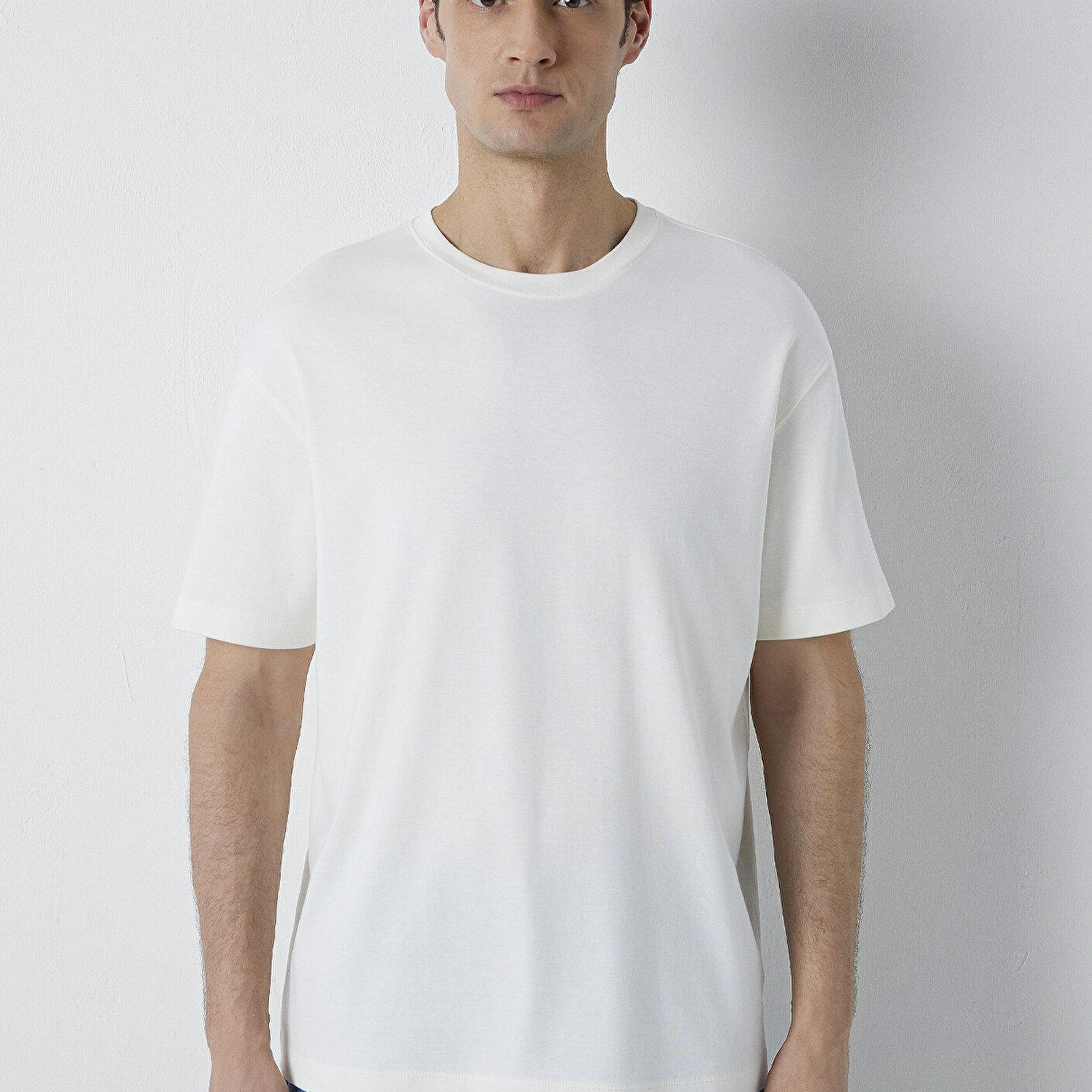 Mavi Ekru Basic Tişört Loose Fit / Bol Rahat Kesim 0613168-70057