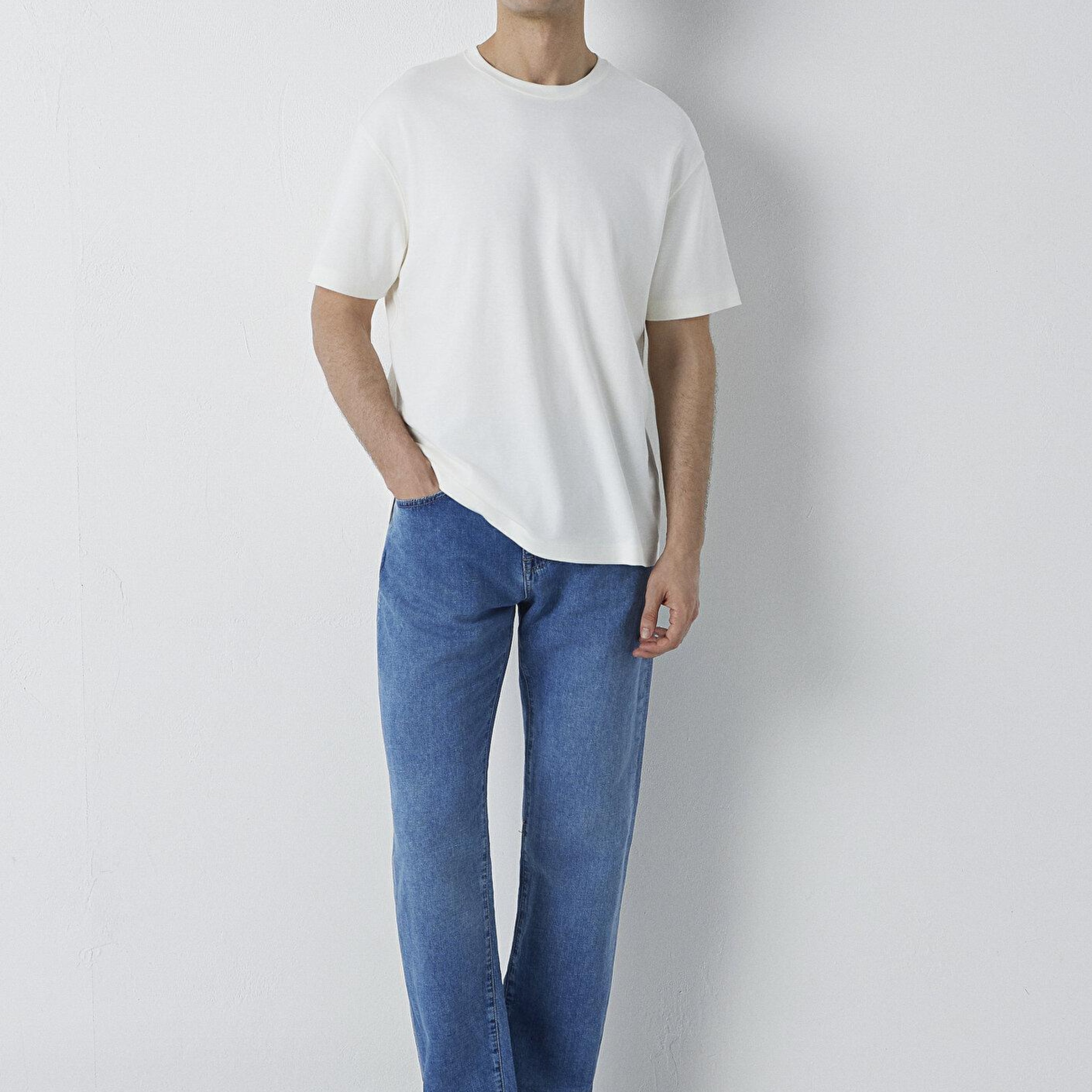 Mavi Ekru Basic Tişört Loose Fit / Bol Rahat Kesim 0613168-70057