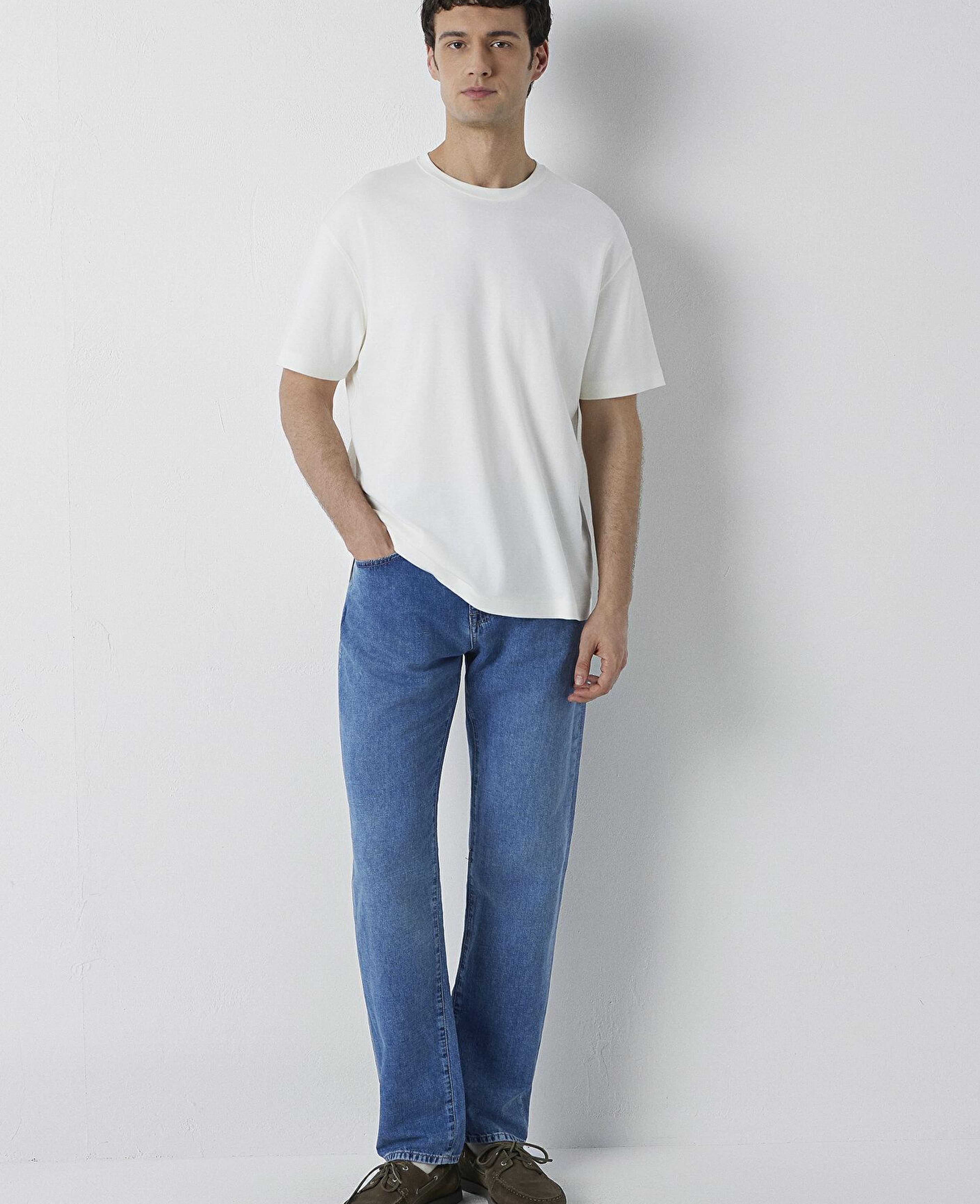 Mavi Ekru Basic Tişört Loose Fit / Bol Rahat Kesim 0613168-70057