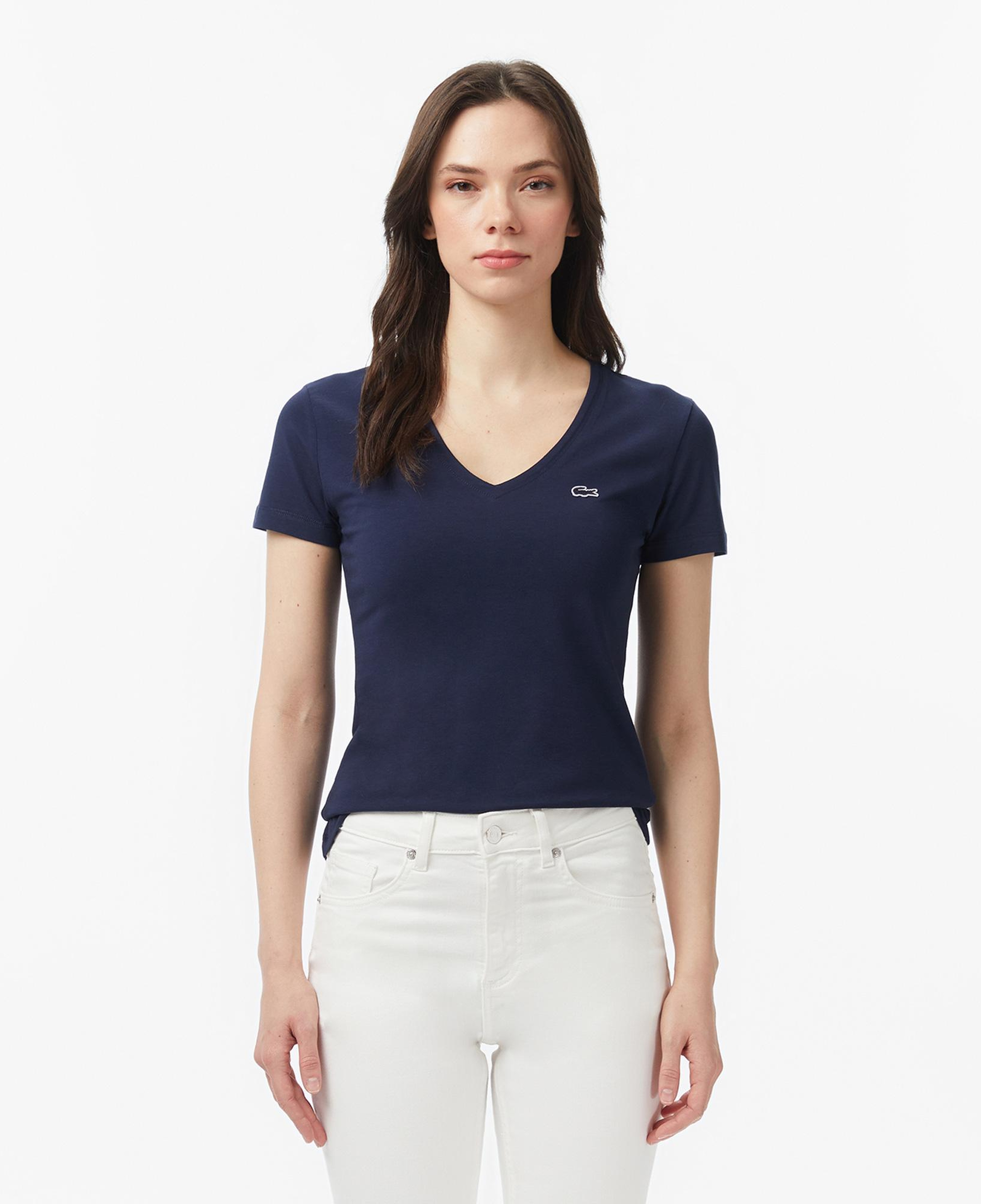 Kadın Slim Fit V Yaka Lacivert T-Shirt