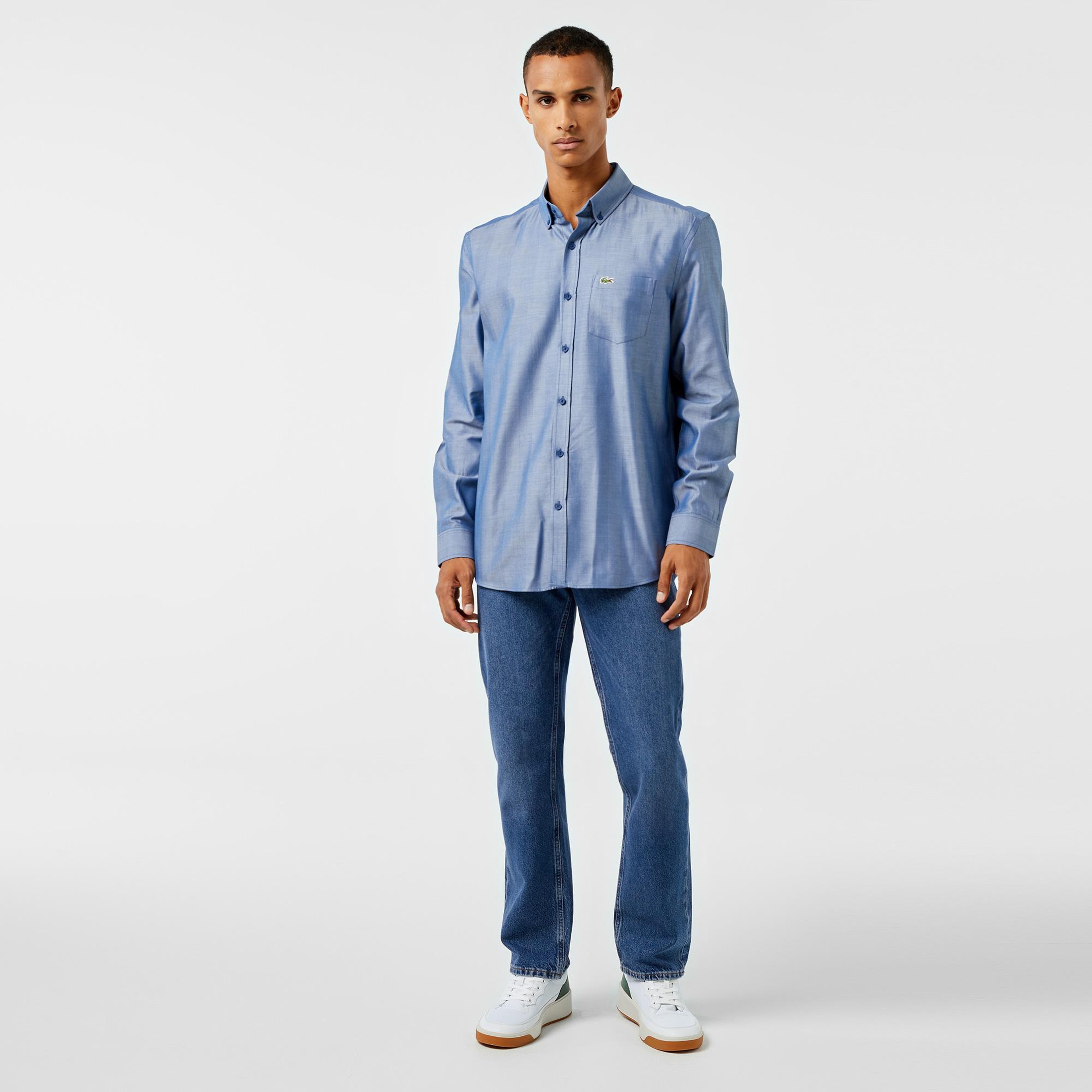 Erkek Slim Fit Düğmeli Yaka Koyu Mavi Gömlek