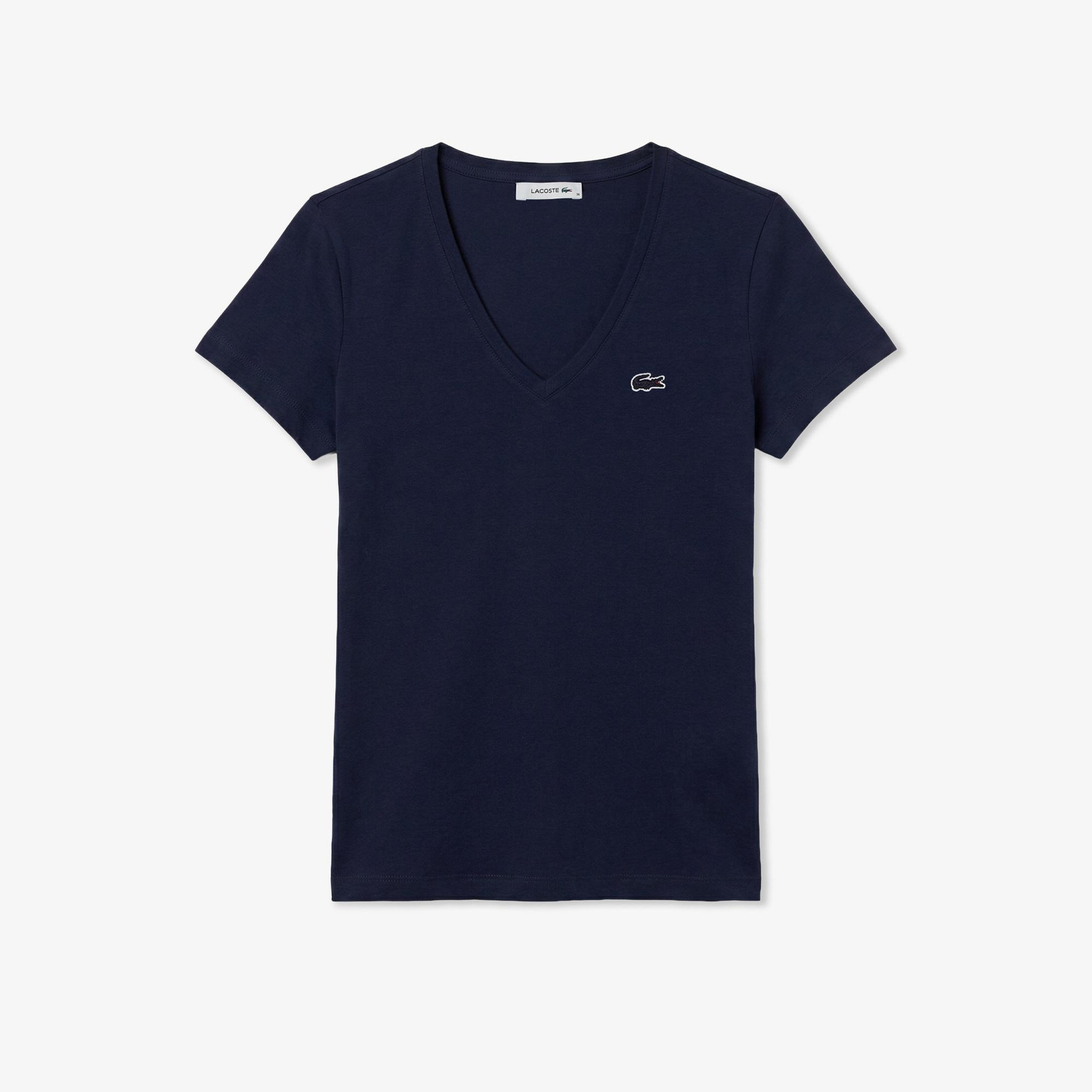 Kadın Slim Fit V Yaka Lacivert T-Shirt