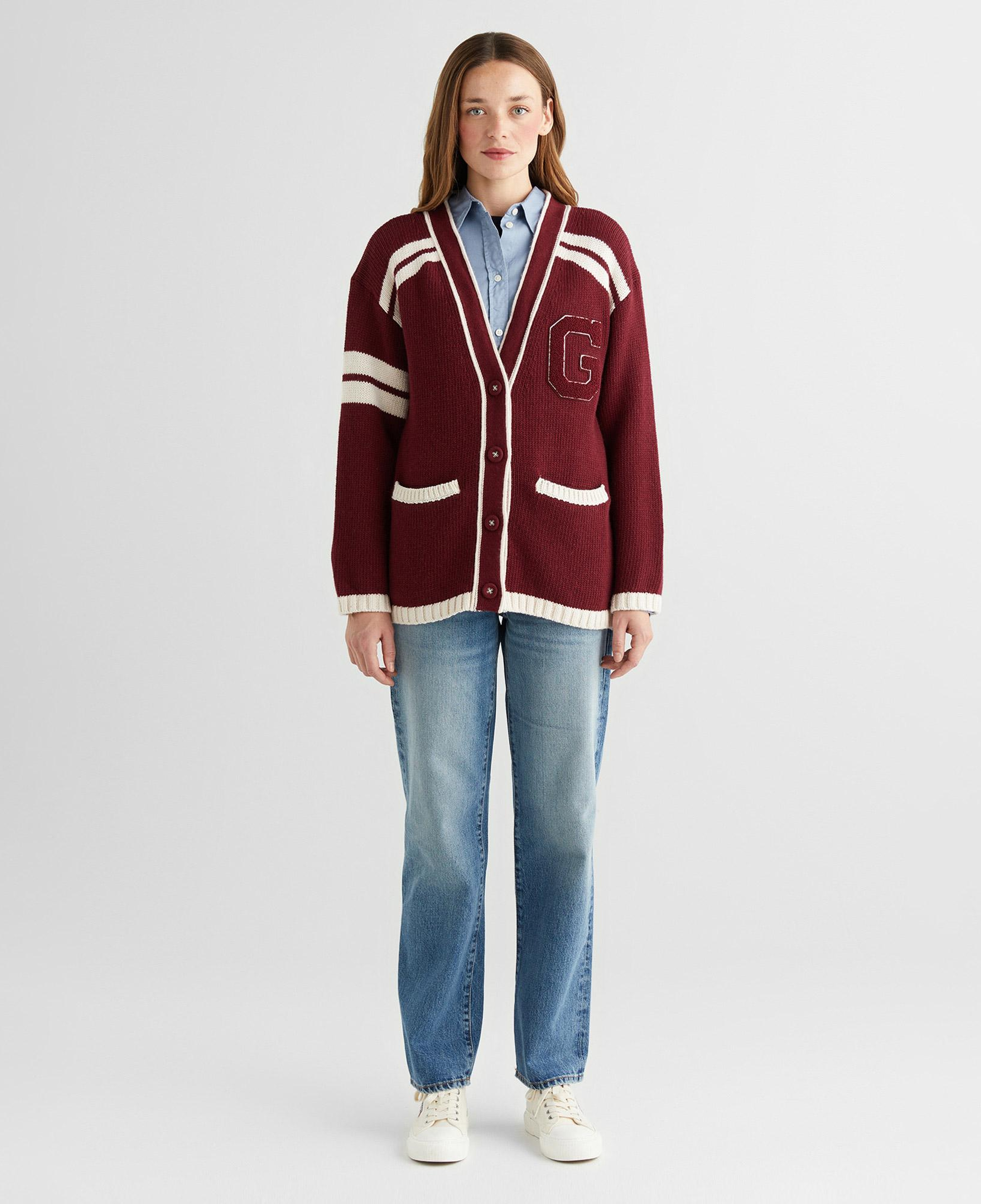 GANT Kadın Bordo Oversize Fit V Yaka Logolu Hırka