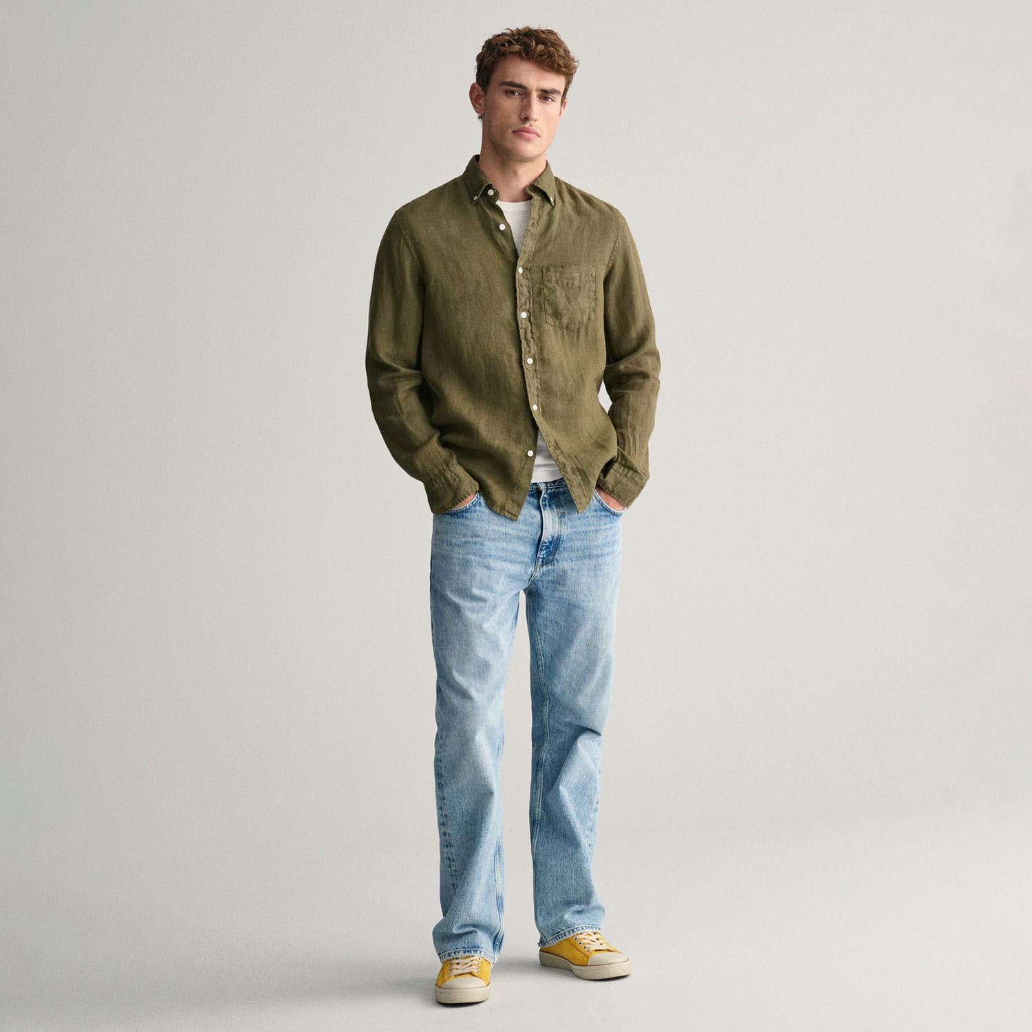 GANT Erkek Yeşil Regular Fit Düğmeli Yaka Keten Gömlek