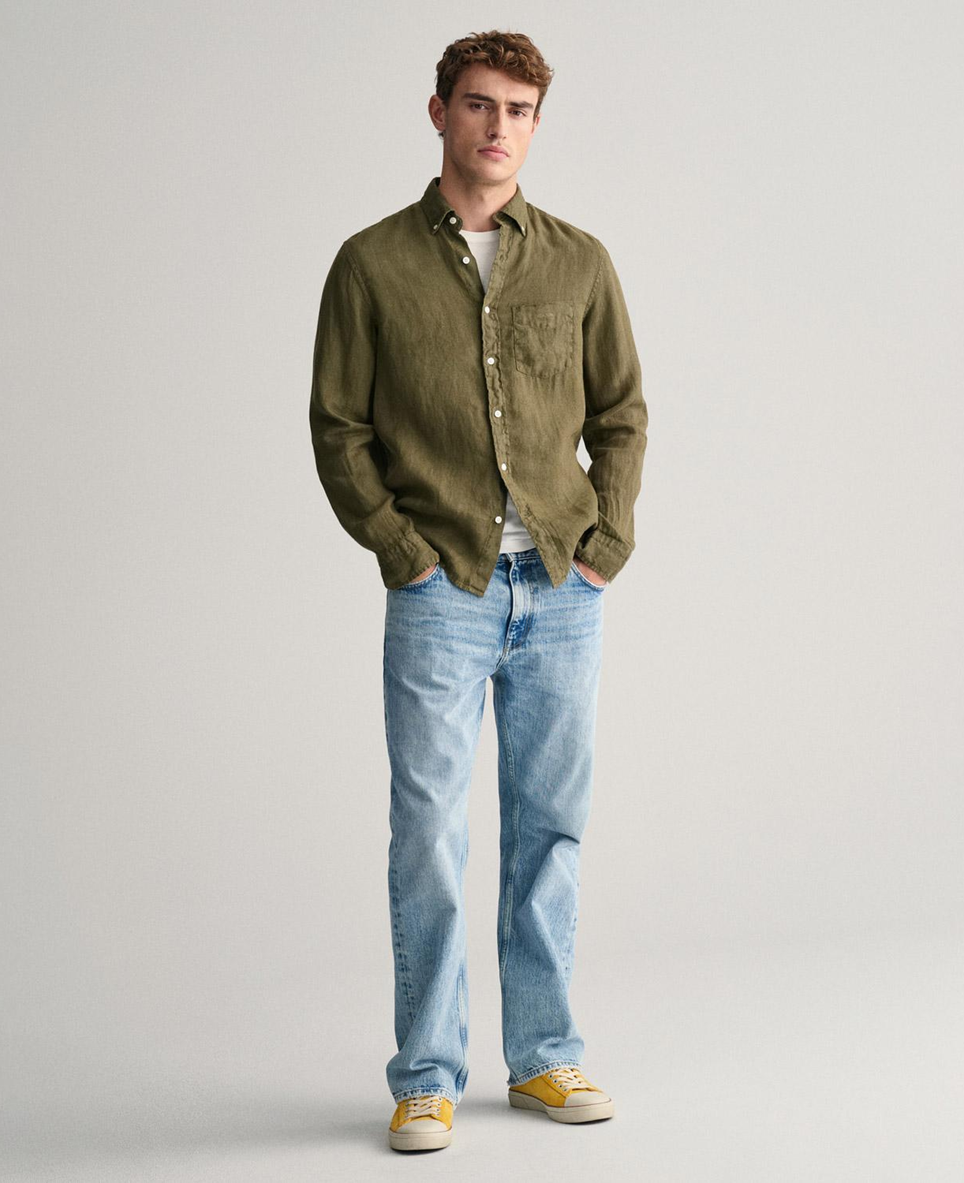 GANT Erkek Yeşil Regular Fit Düğmeli Yaka Keten Gömlek