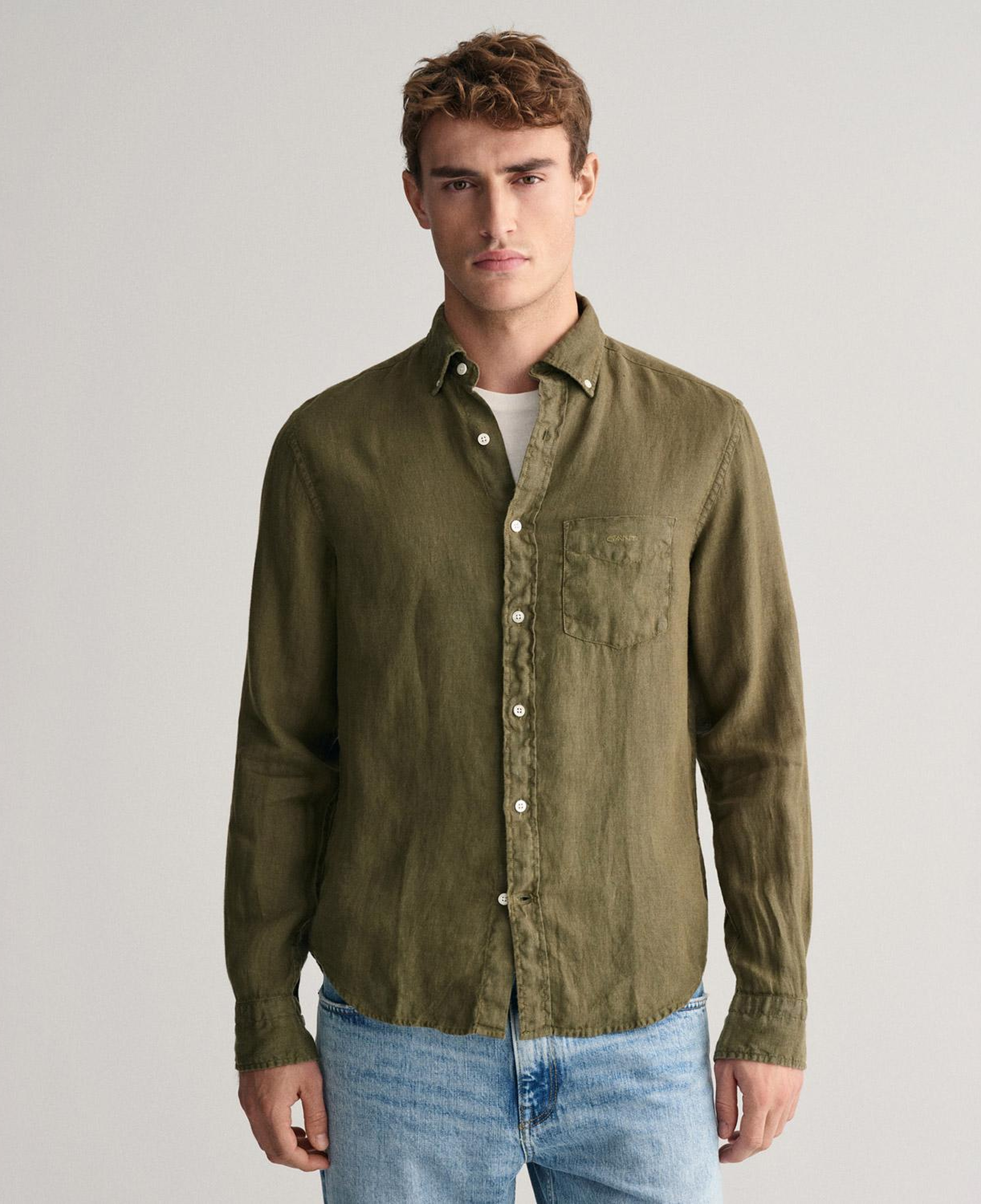 GANT Erkek Yeşil Regular Fit Düğmeli Yaka Keten Gömlek
