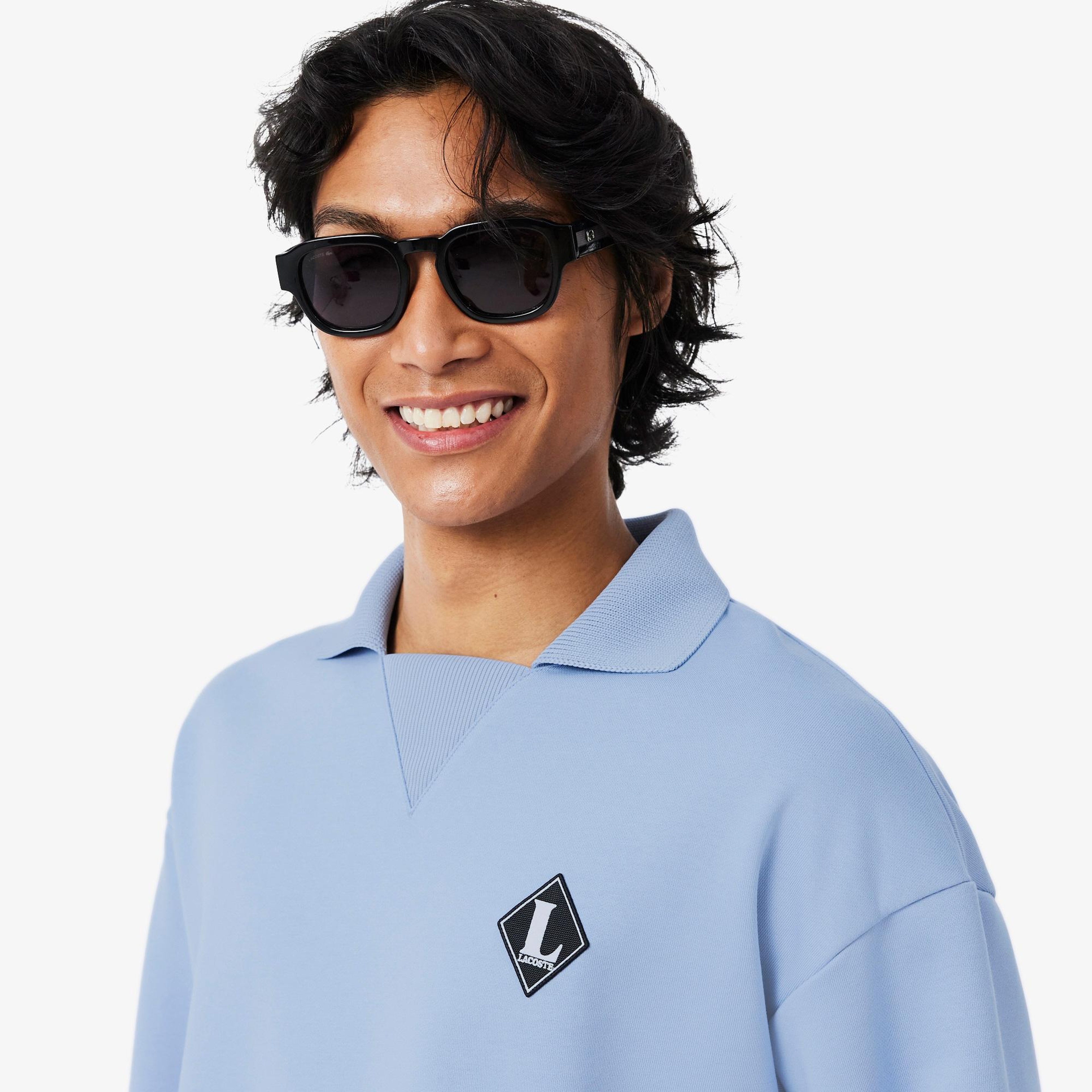 Erkek Loose Fit Polo Yaka Mavi Sweatshirt
