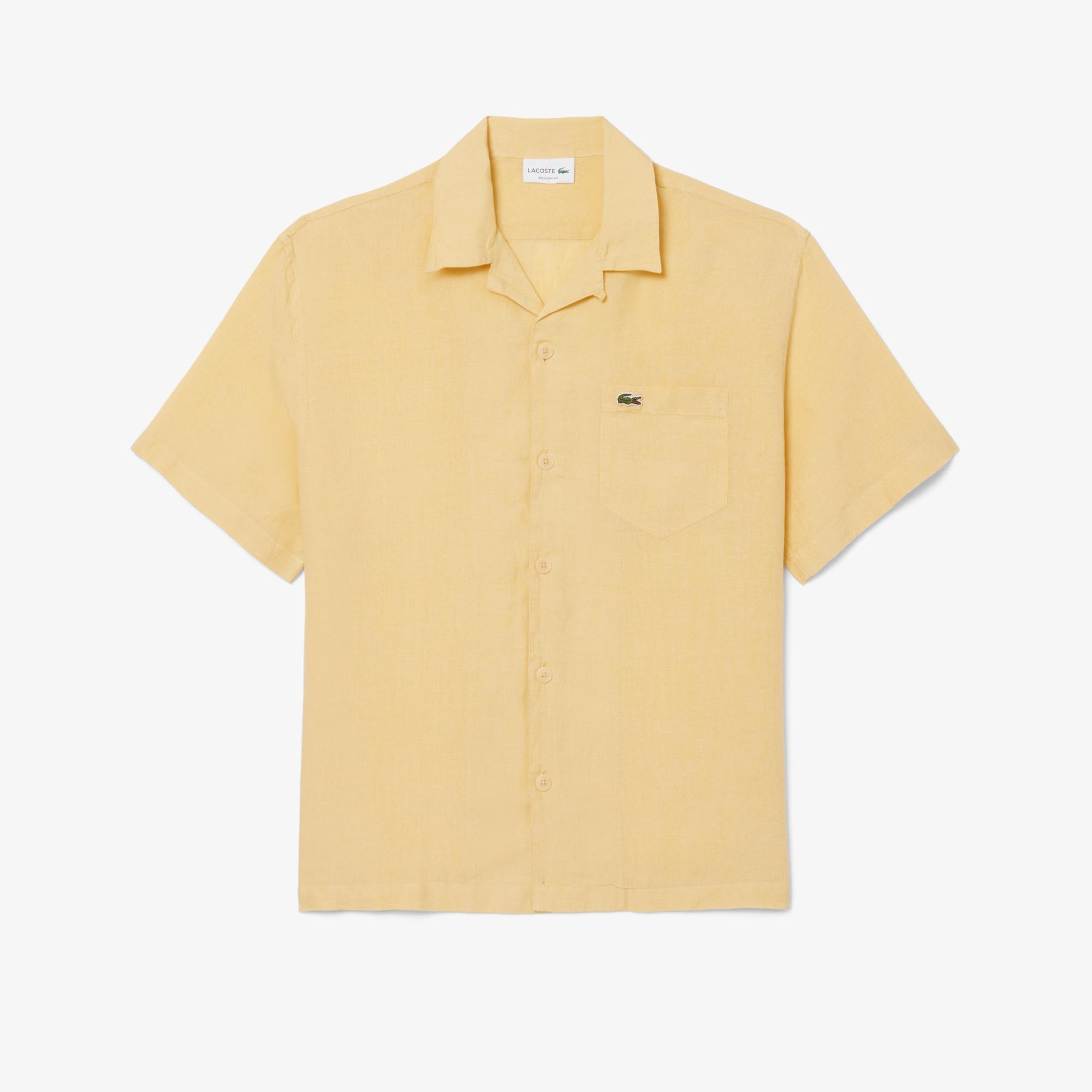 Erkek Relaxed Fit Kısa Kollu Keten Bej Gömlek