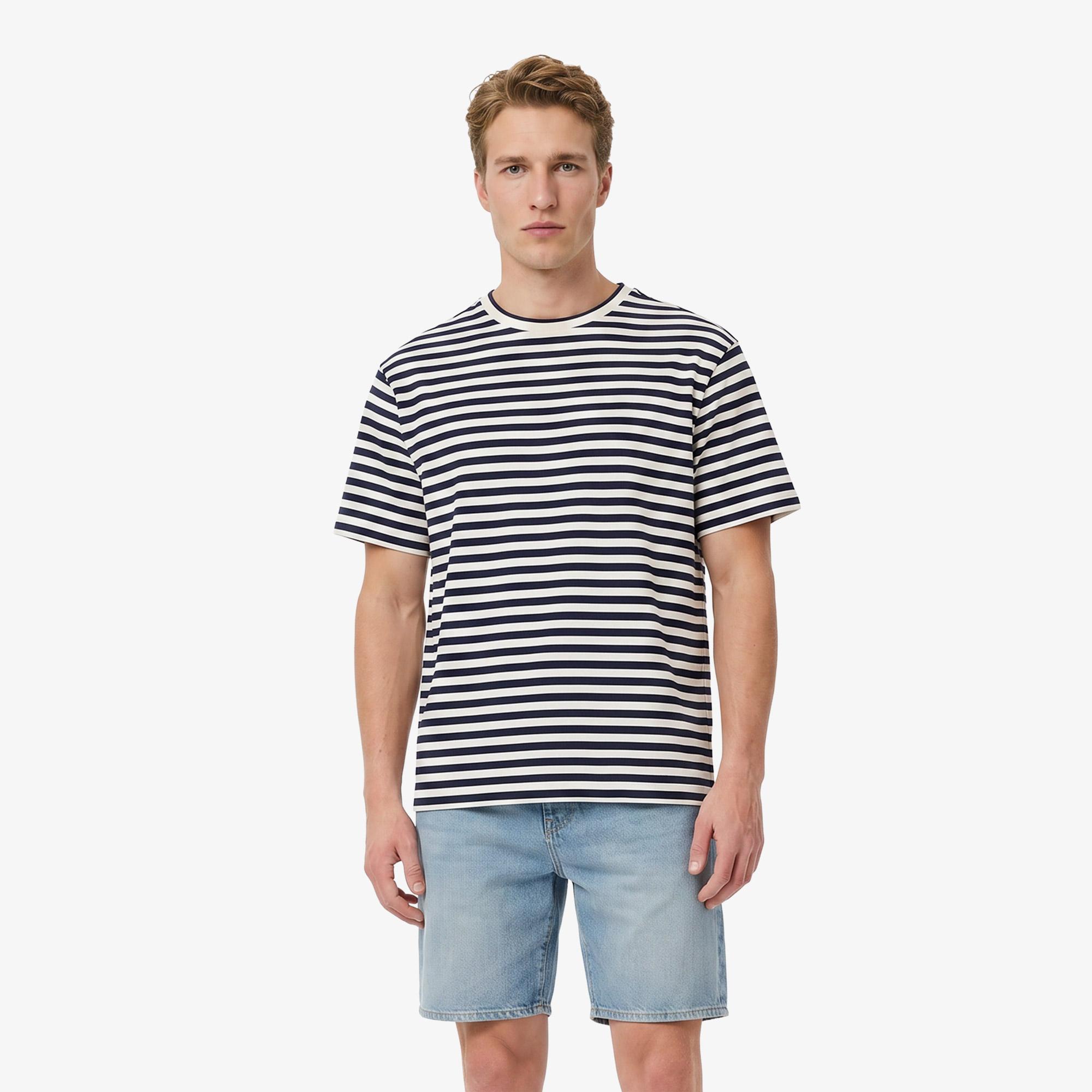 Erkek Relaxed Fit Bisiklet Yaka Çizgili Lacivert T-Shirt