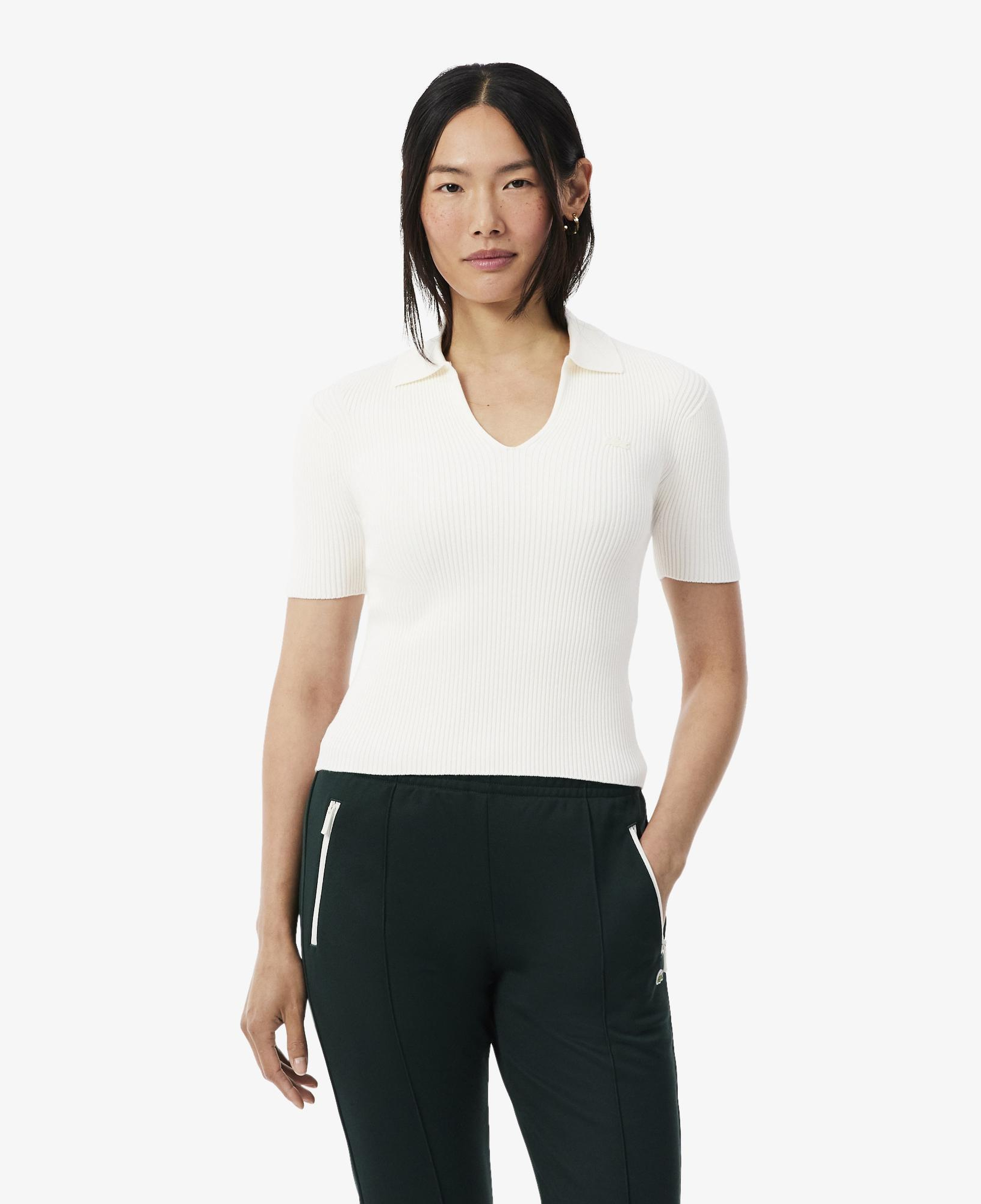 Kadın Slim Fit Kısa Kollu Polo Yaka Beyaz Triko