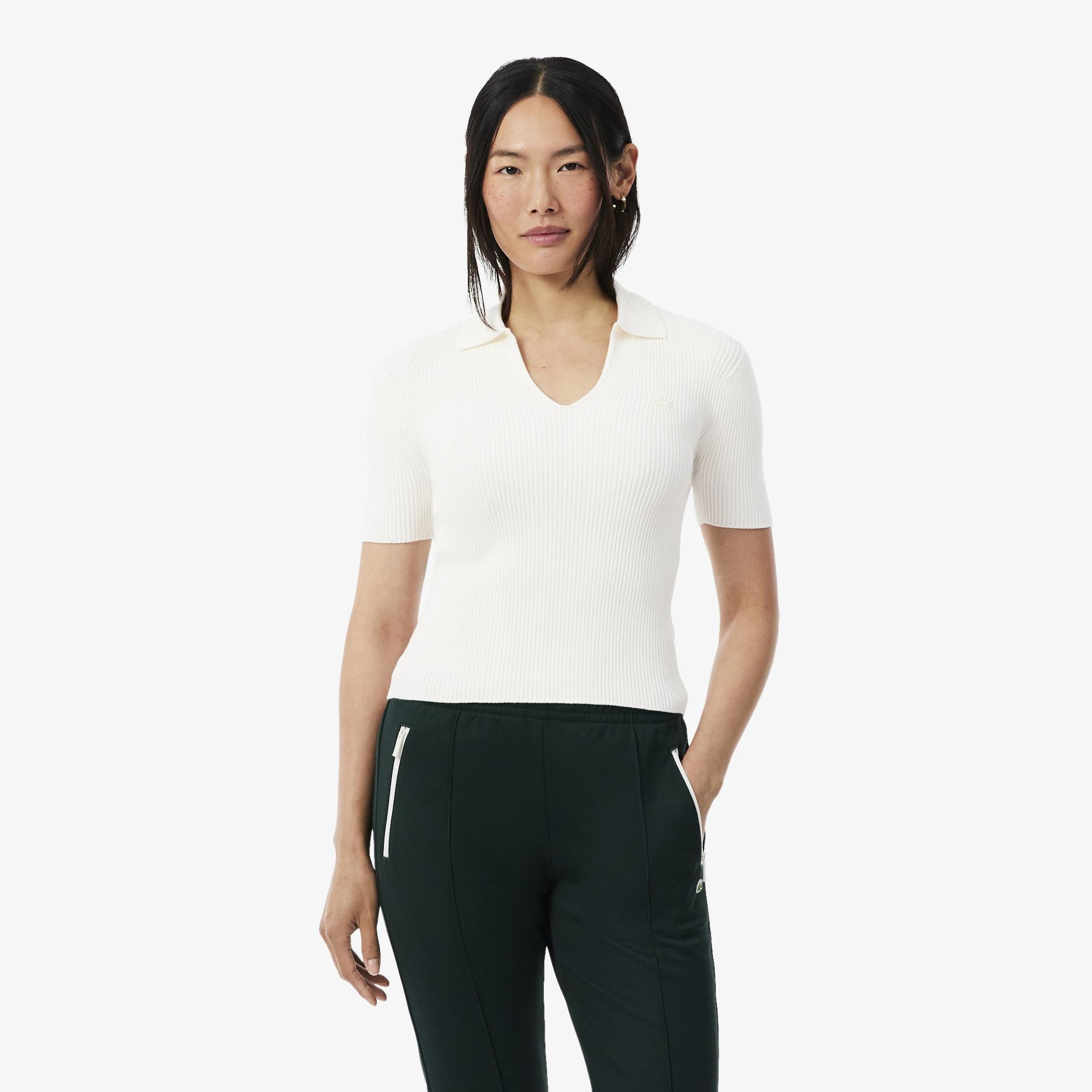 Kadın Slim Fit Kısa Kollu Polo Yaka Beyaz Triko