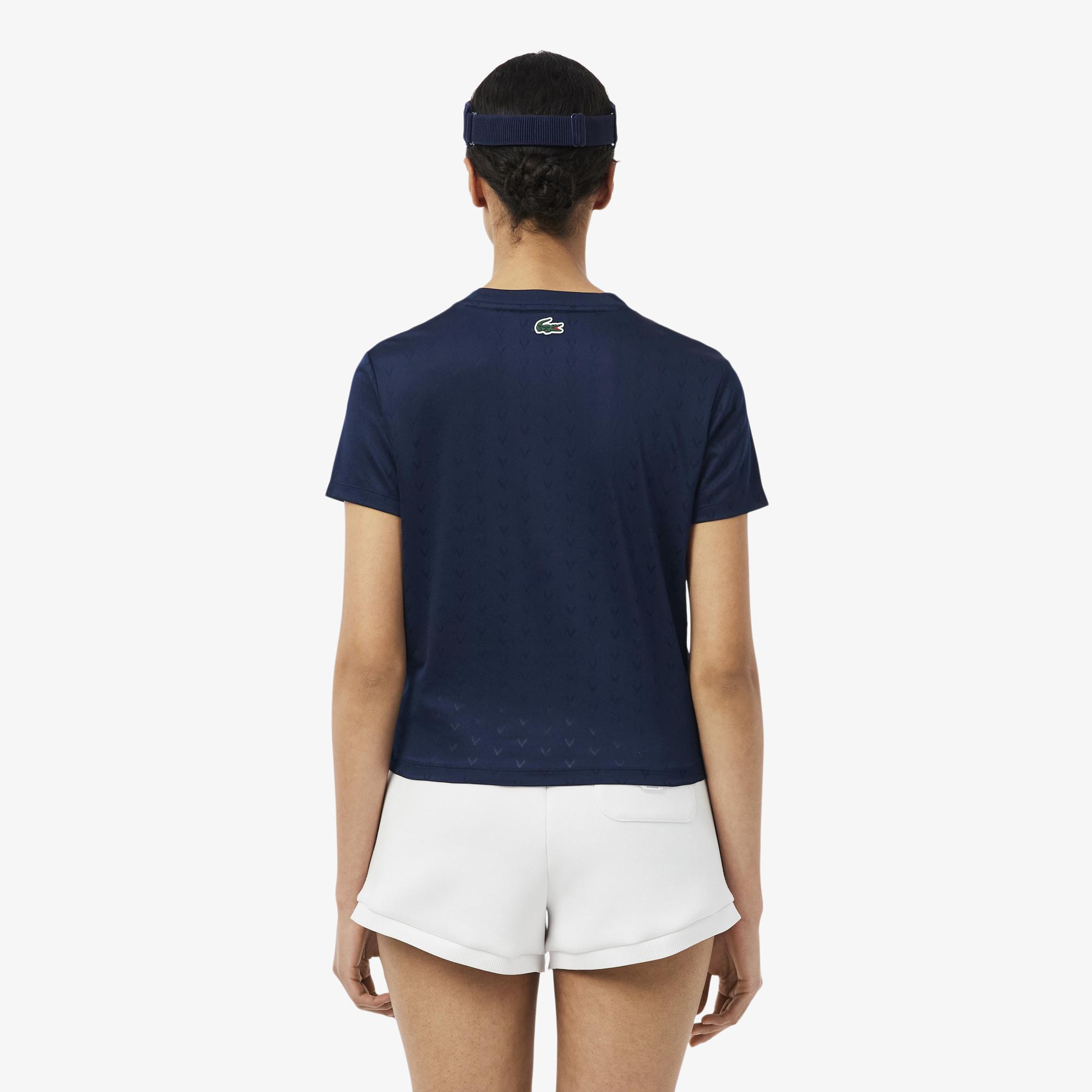 Kadın Slim Fit Bisiklet Yaka Desenli Lacivert T-Shirt