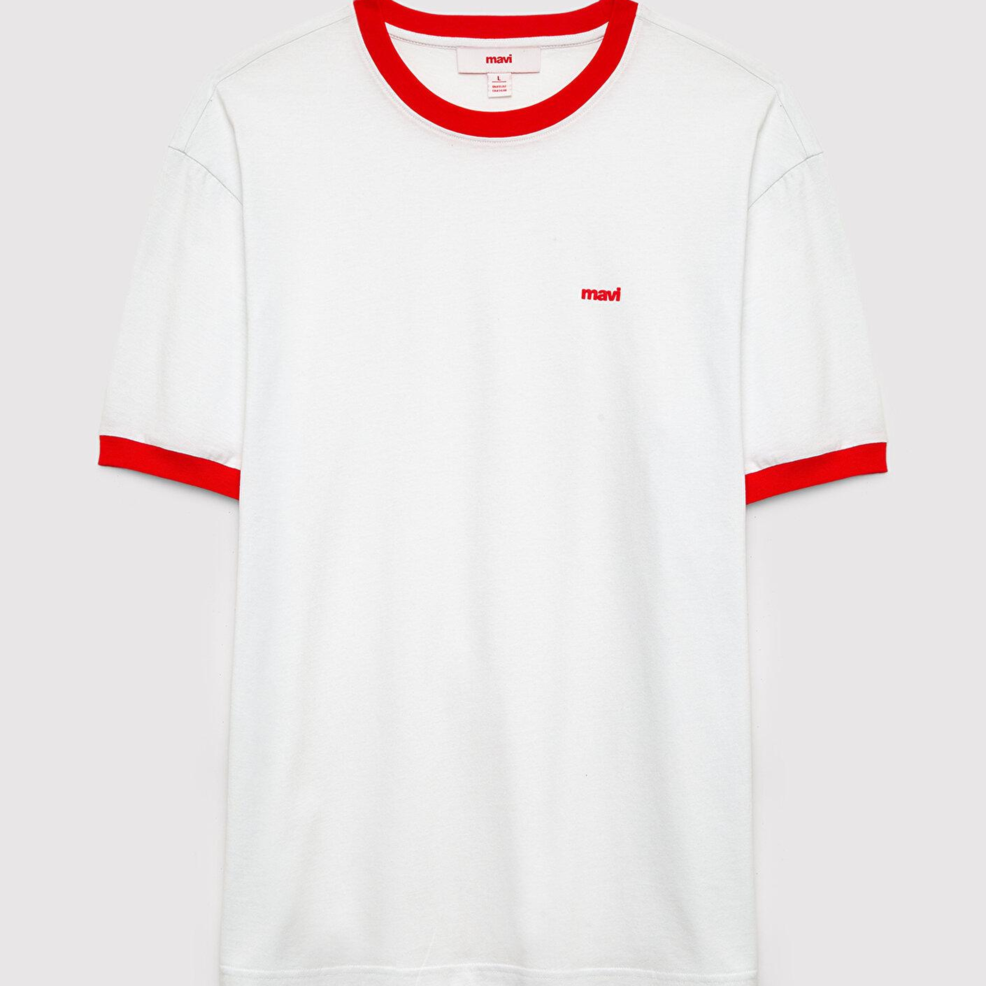 Mavi Team Mavi Futbol Koleksiyonu Mavi Logo Baskılı Biye Detaylı Beyaz Tişört Loose Fit / Bol Rahat Kesim 0620246-620
