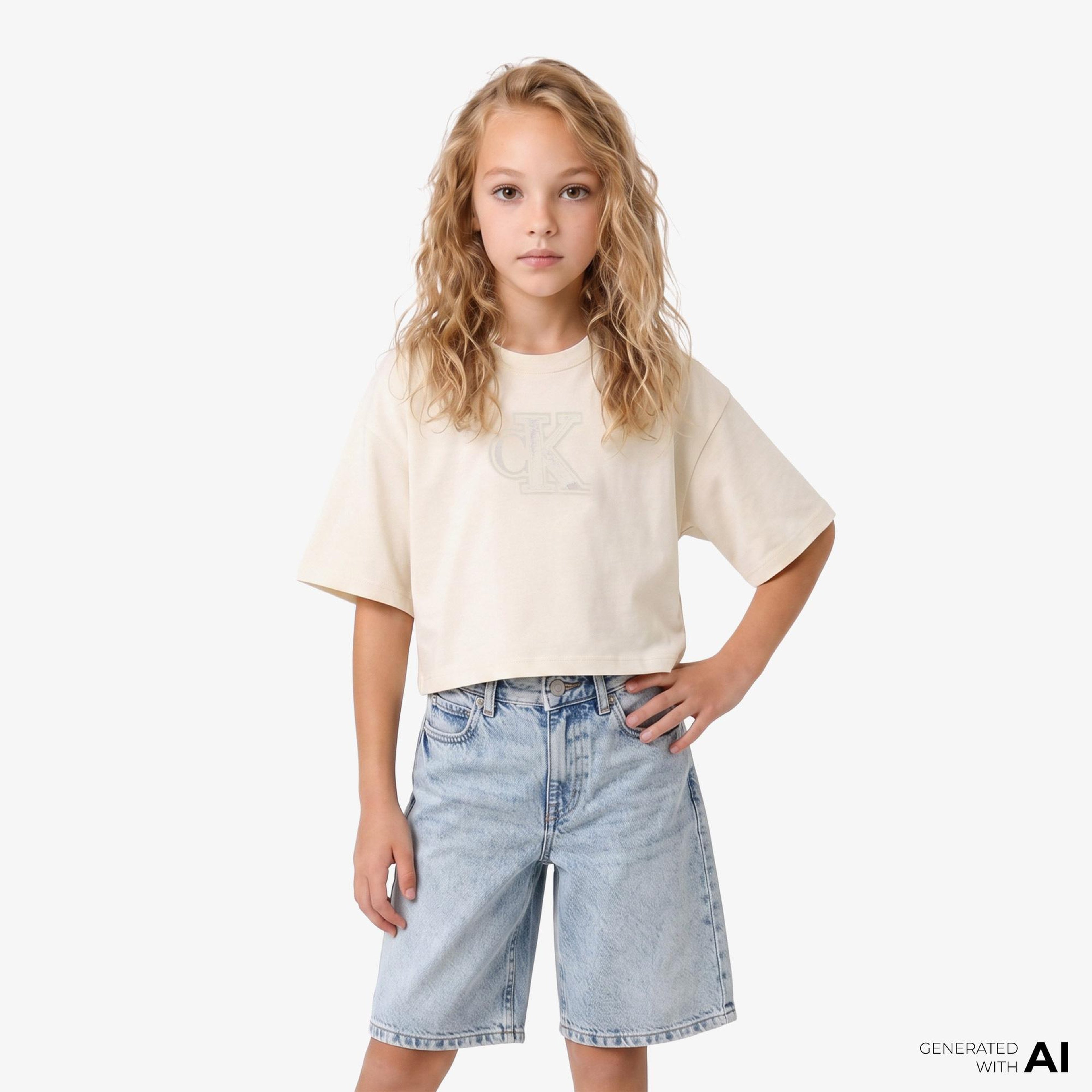 Calvin Klein Velvet Monogram Boxy Çocuk Gri T-Shirt