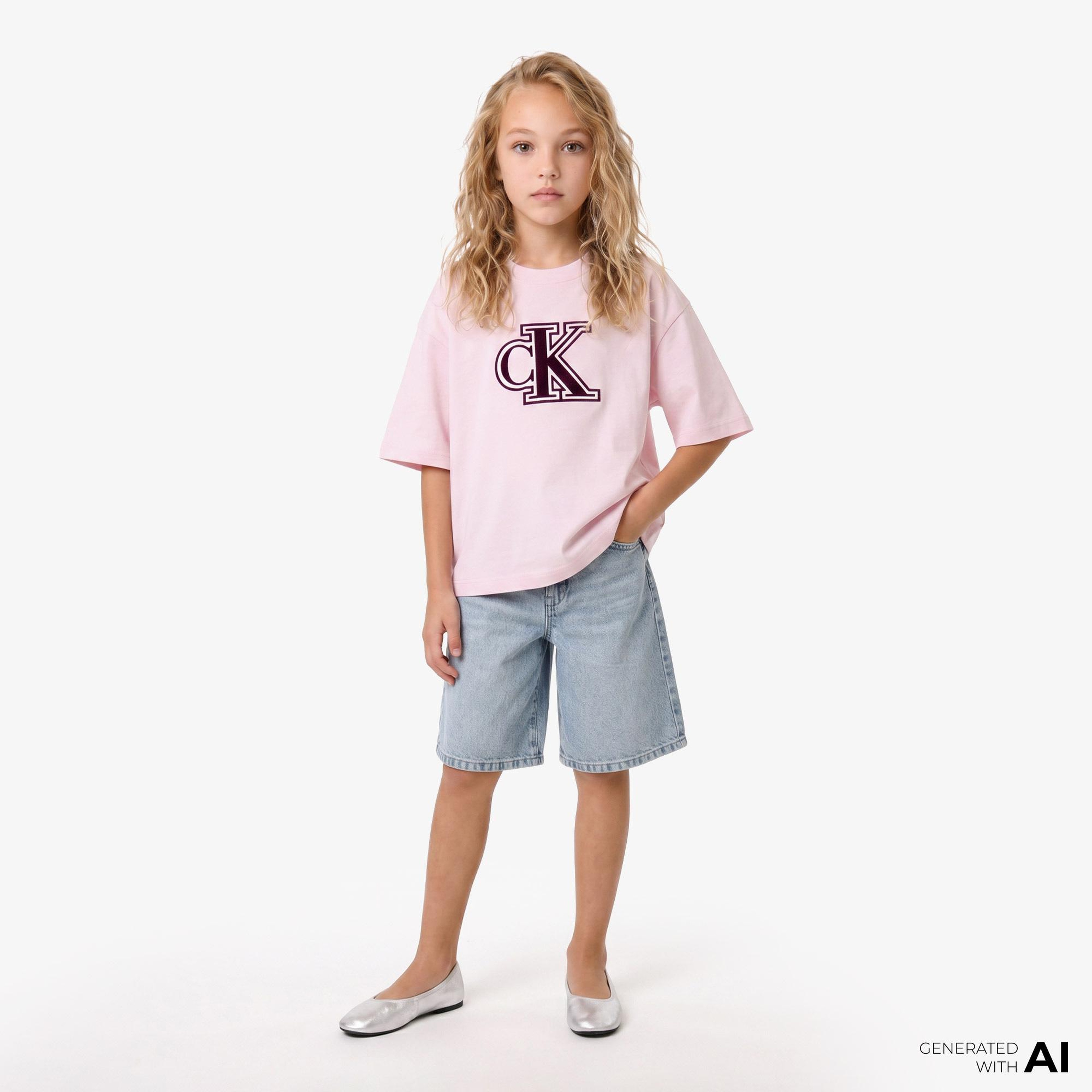Calvin Klein Velvet Monogram Boxy Çocuk Pembe T-Shirt
