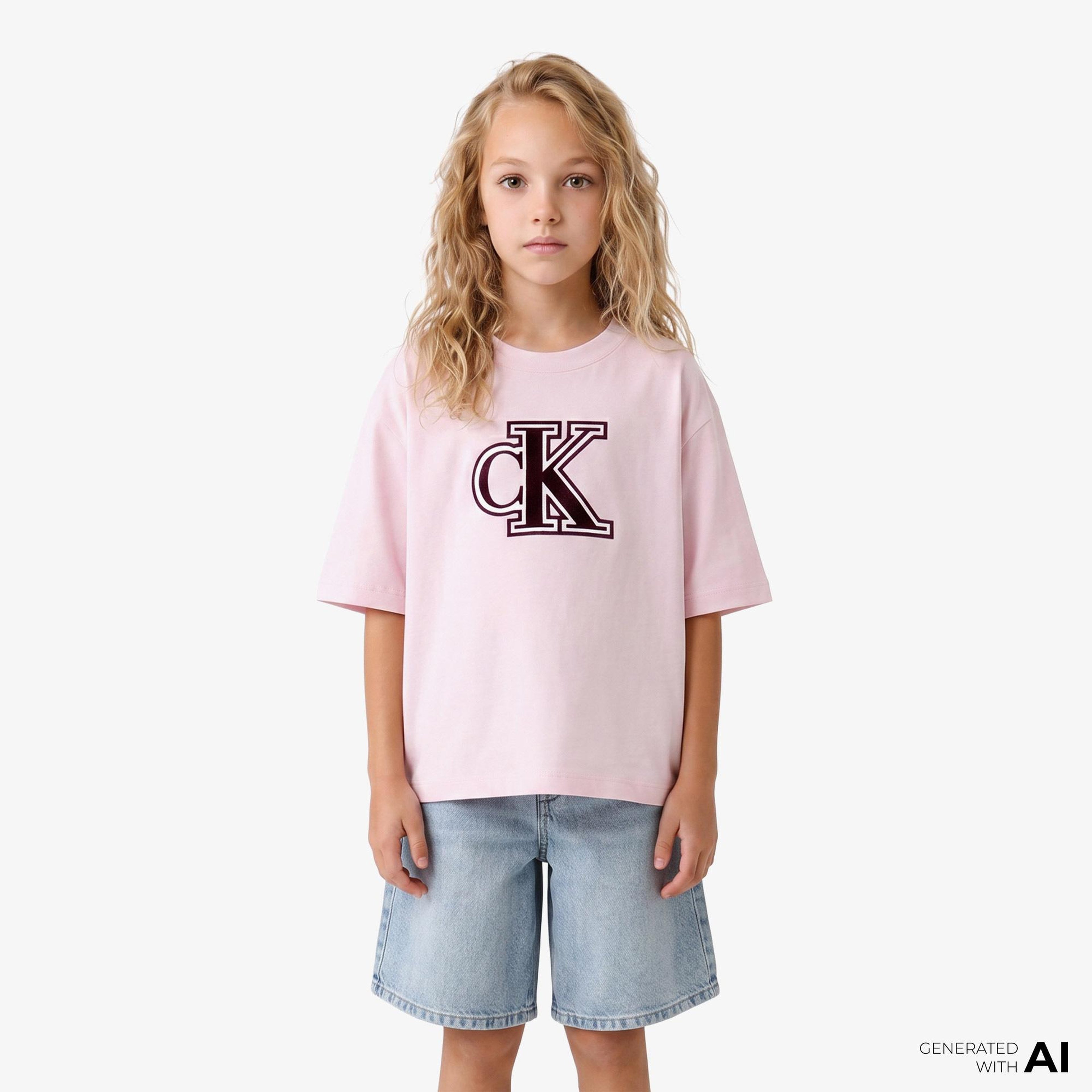 Calvin Klein Velvet Monogram Boxy Çocuk Pembe T-Shirt