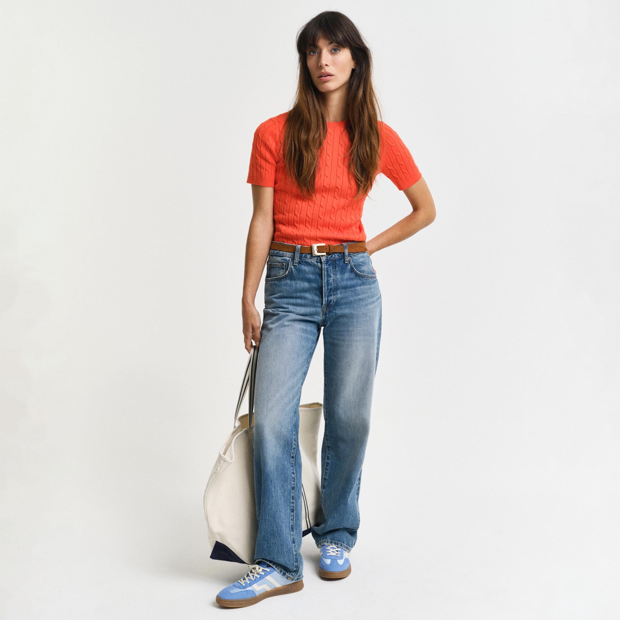 GANT Kadın Turuncu Slim Fit Bisiklet Yaka Kısa Kollu Kazak