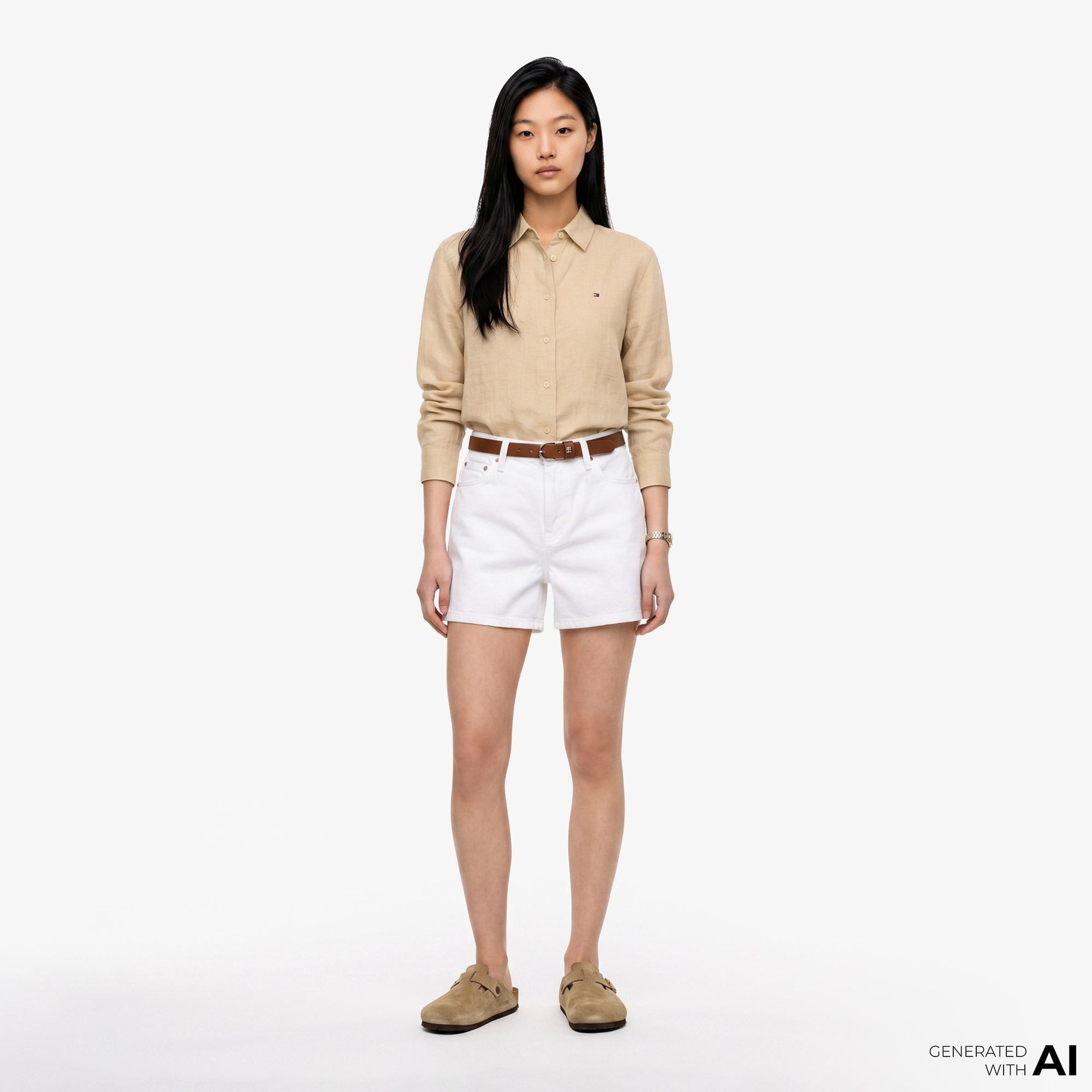 Tommy Hilfiger Kadın Bej Keten Gömlek